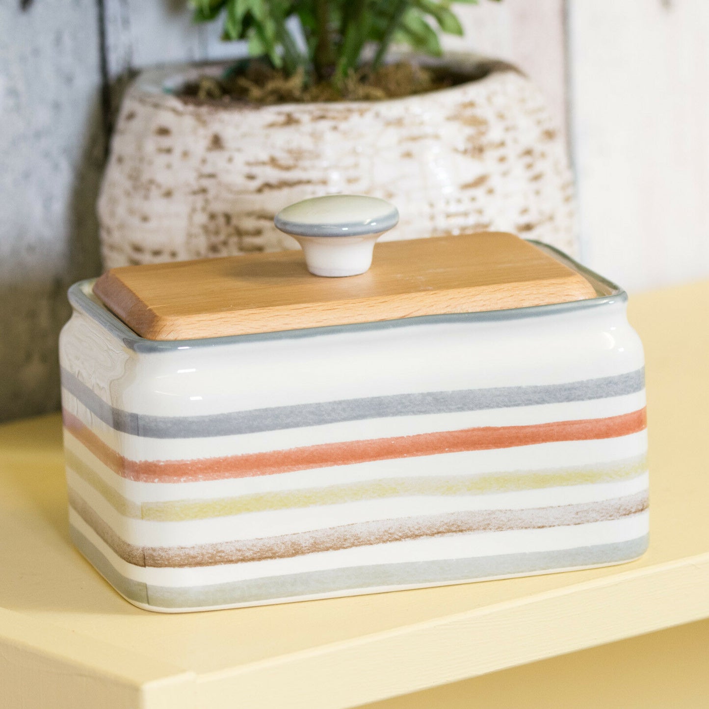 Striped Country Kitchen Ceramic Butter Serving Storage Dish with Wooden Lid