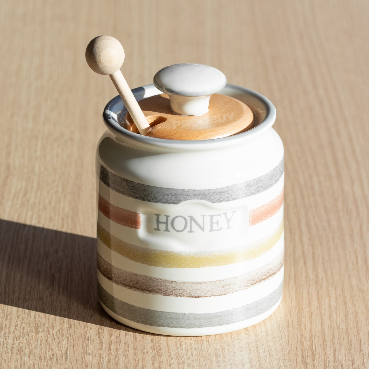 Small Striped Honey Pot with Wooden Lid & Dipper