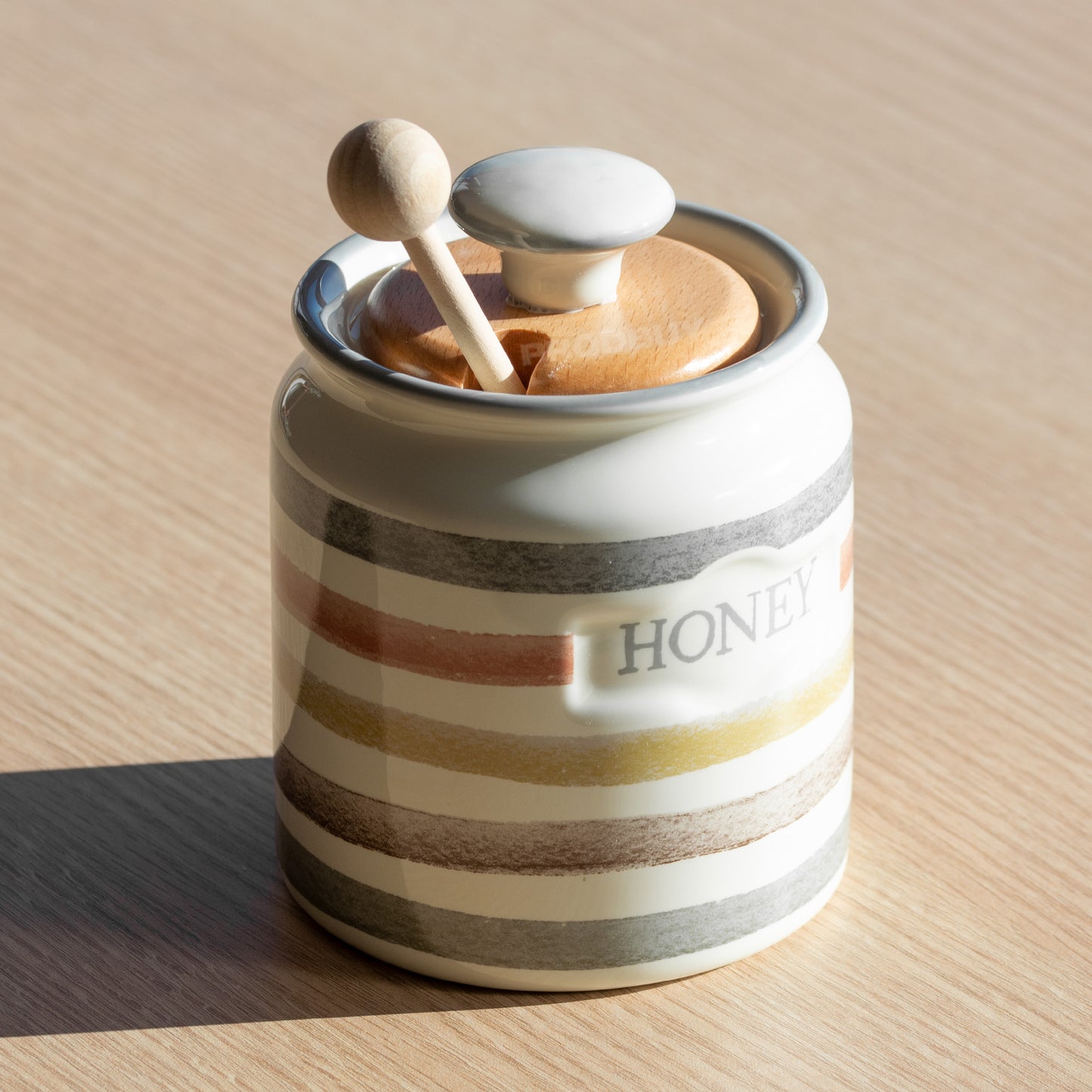 Small Striped Honey Pot with Wooden Lid & Dipper