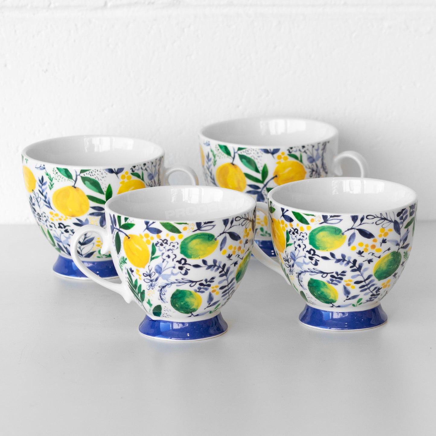 Set of 4 Blue & Yellow Floral Footed Coffee Mugs