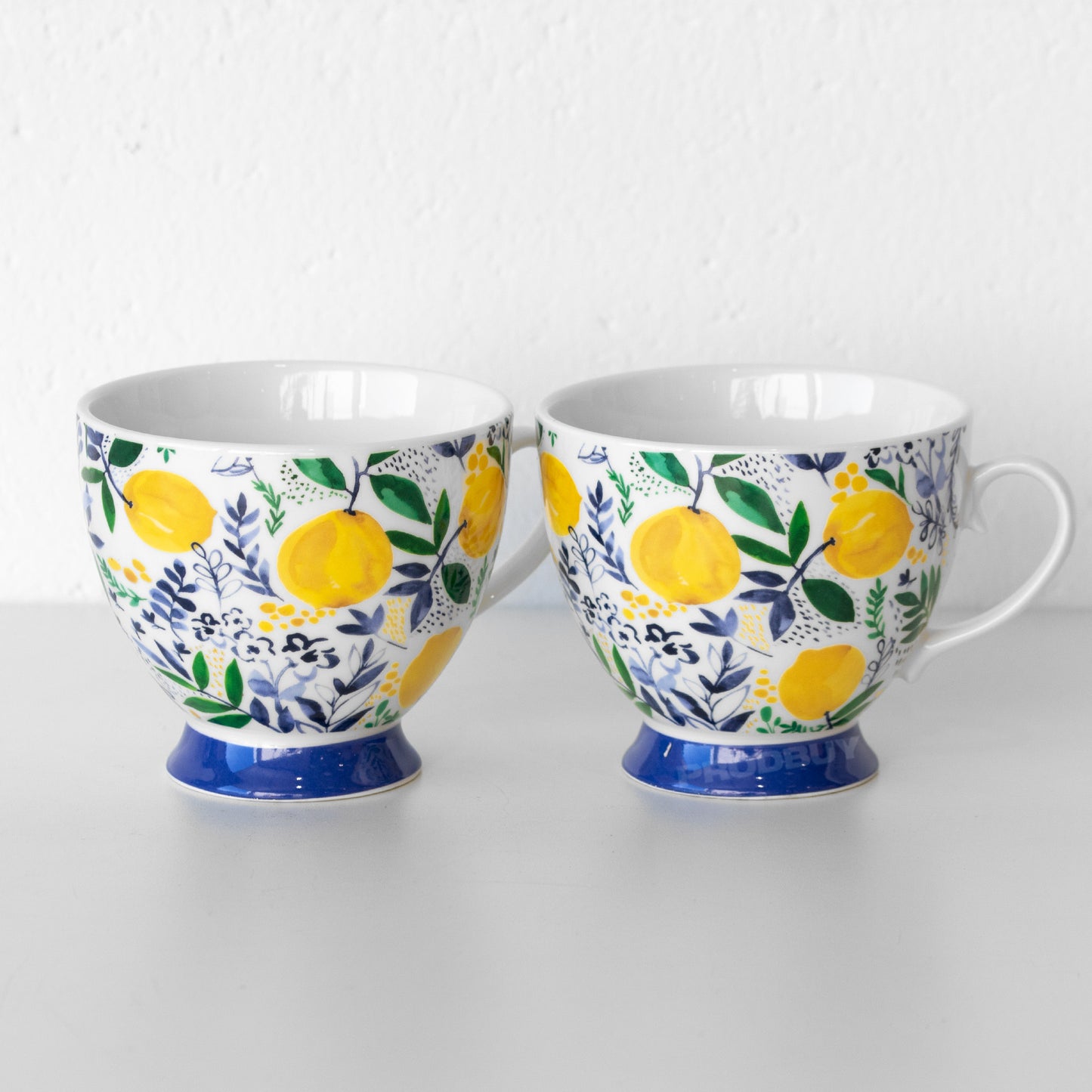 Set of 4 Blue & Yellow Floral Footed Coffee Mugs