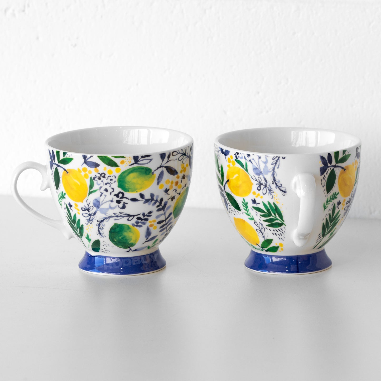 Set of 4 Blue & Yellow Floral Footed Coffee Mugs