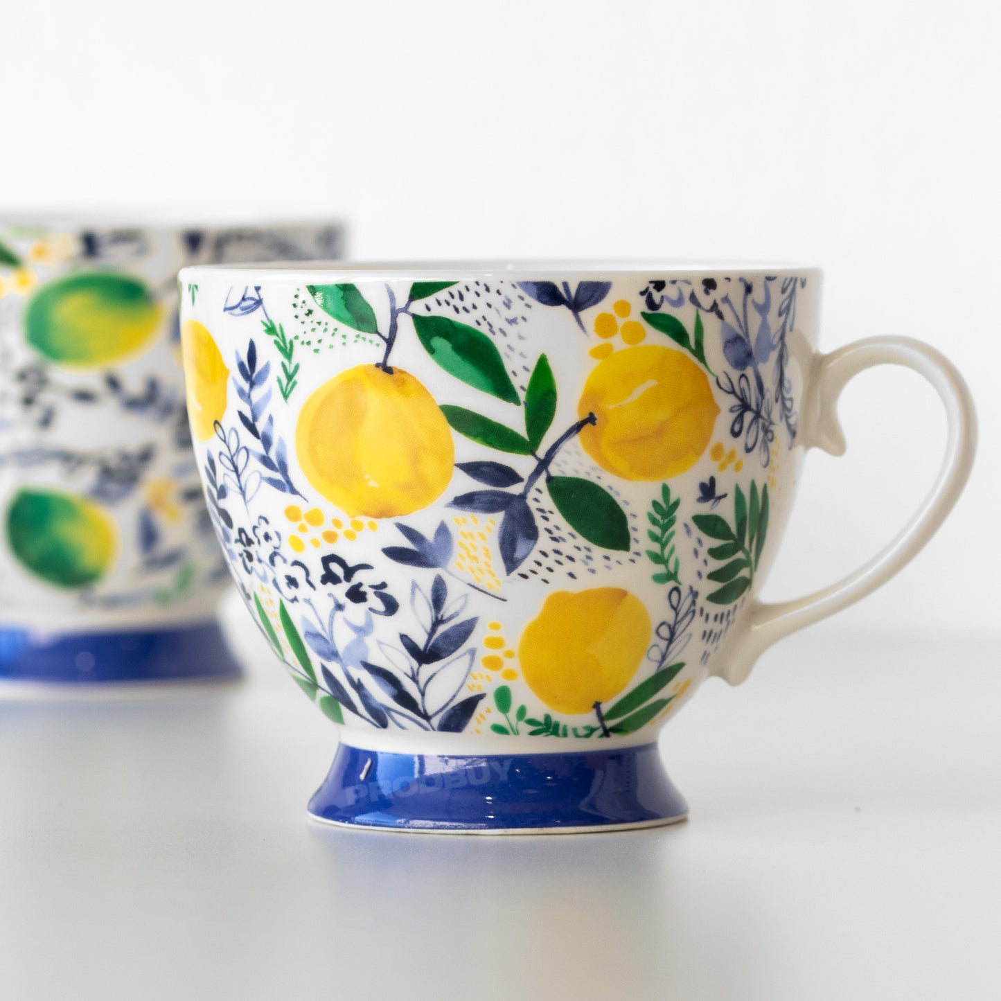 Set of 4 Blue & Yellow Floral Footed Coffee Mugs