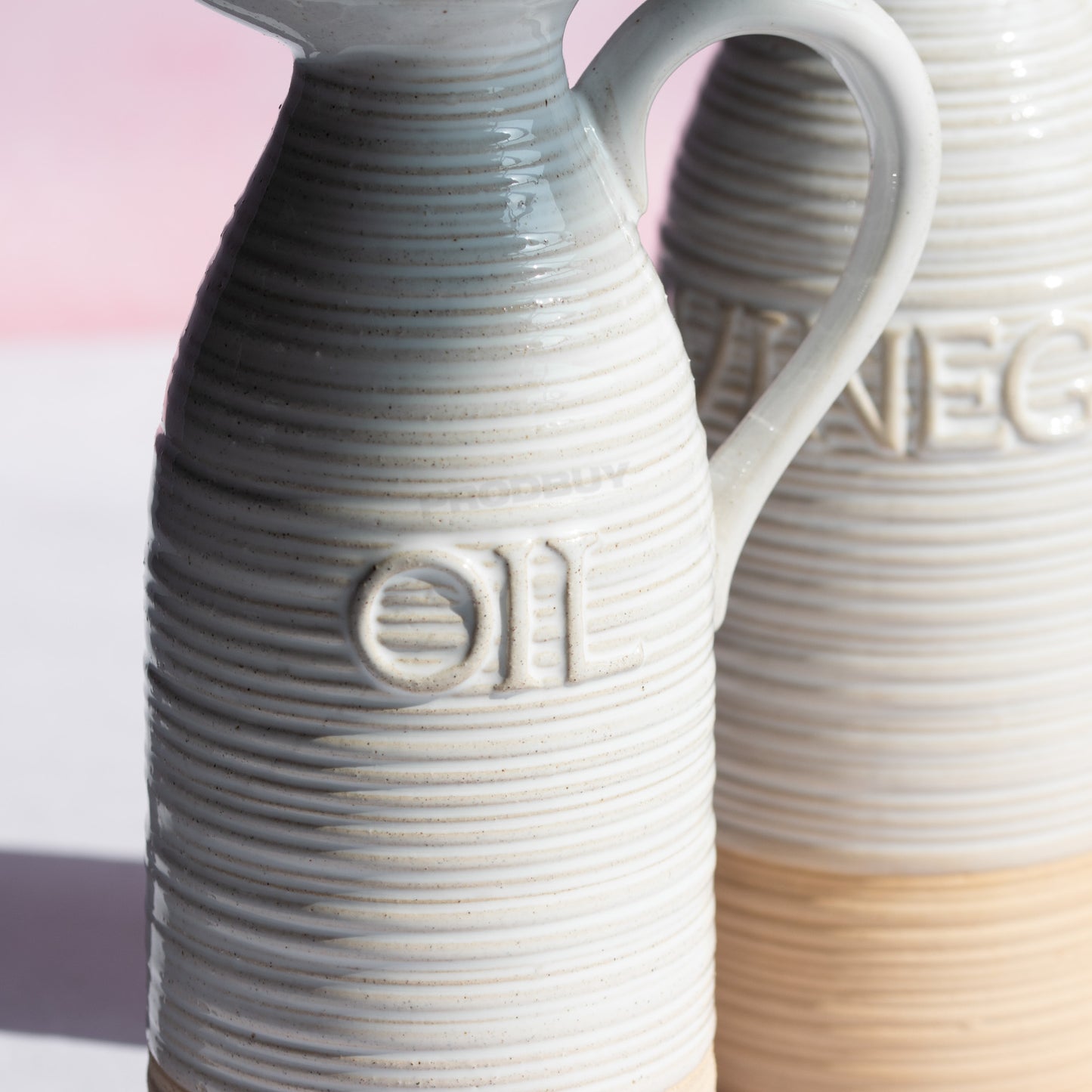 Set of 2 Stoneware Oil & Vinegar Jars 450ml Ribbed Pourer Bottles
