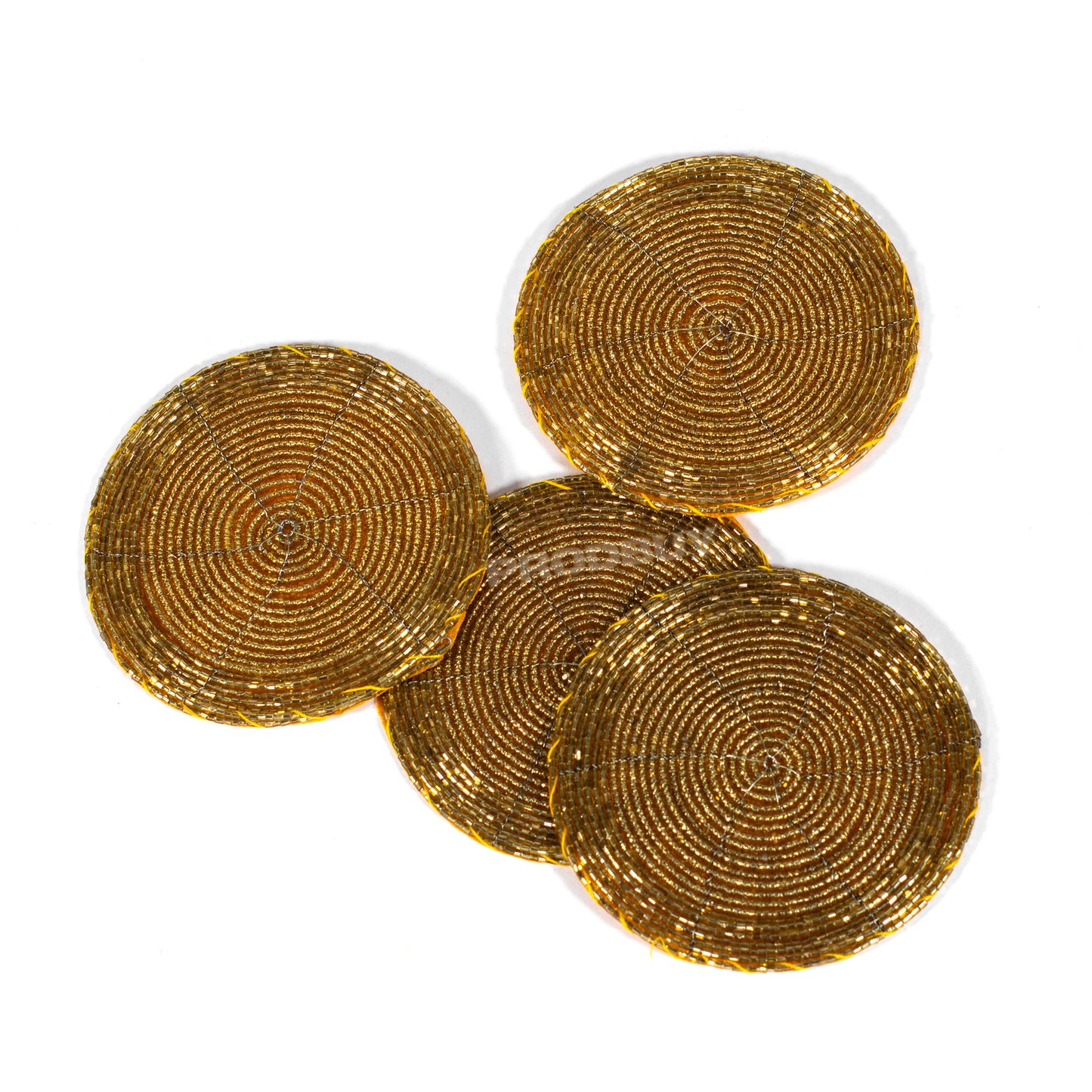 Set of 4 Gold Colour Coasters with Glass Bead & Fabric Design