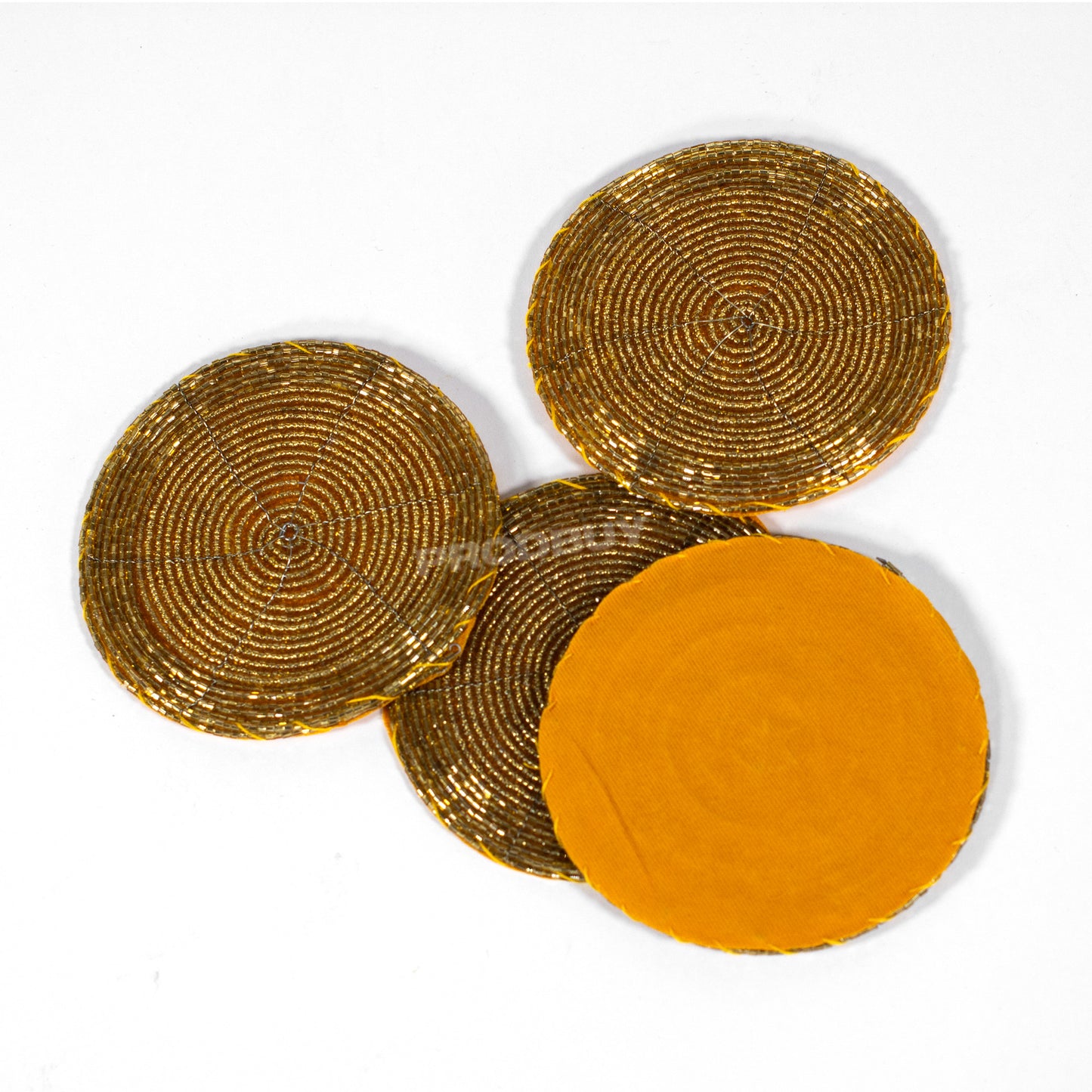 Set of 4 Gold Colour Coasters with Glass Bead & Fabric Design