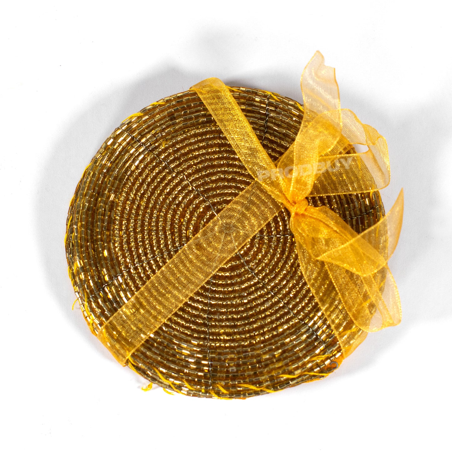 Set of 4 Gold Colour Coasters with Glass Bead & Fabric Design