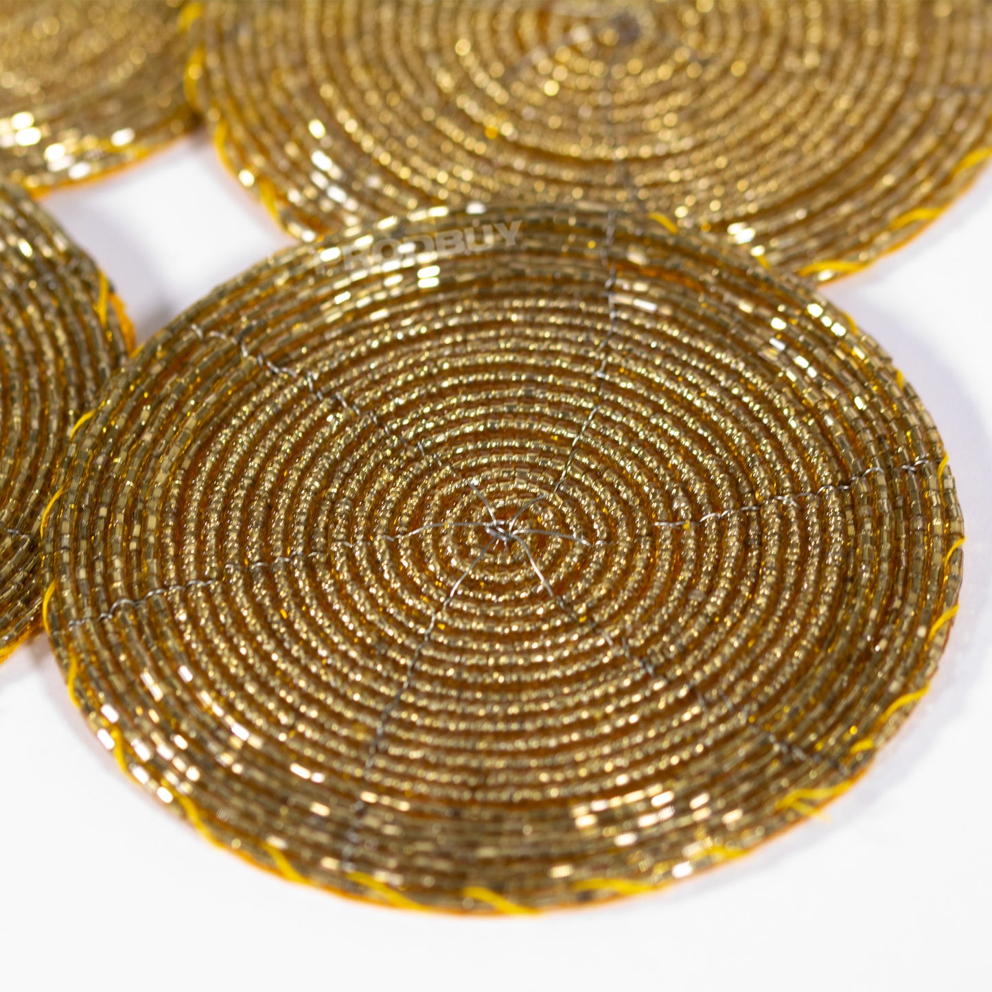 Set of 4 Gold Colour Coasters with Glass Bead & Fabric Design