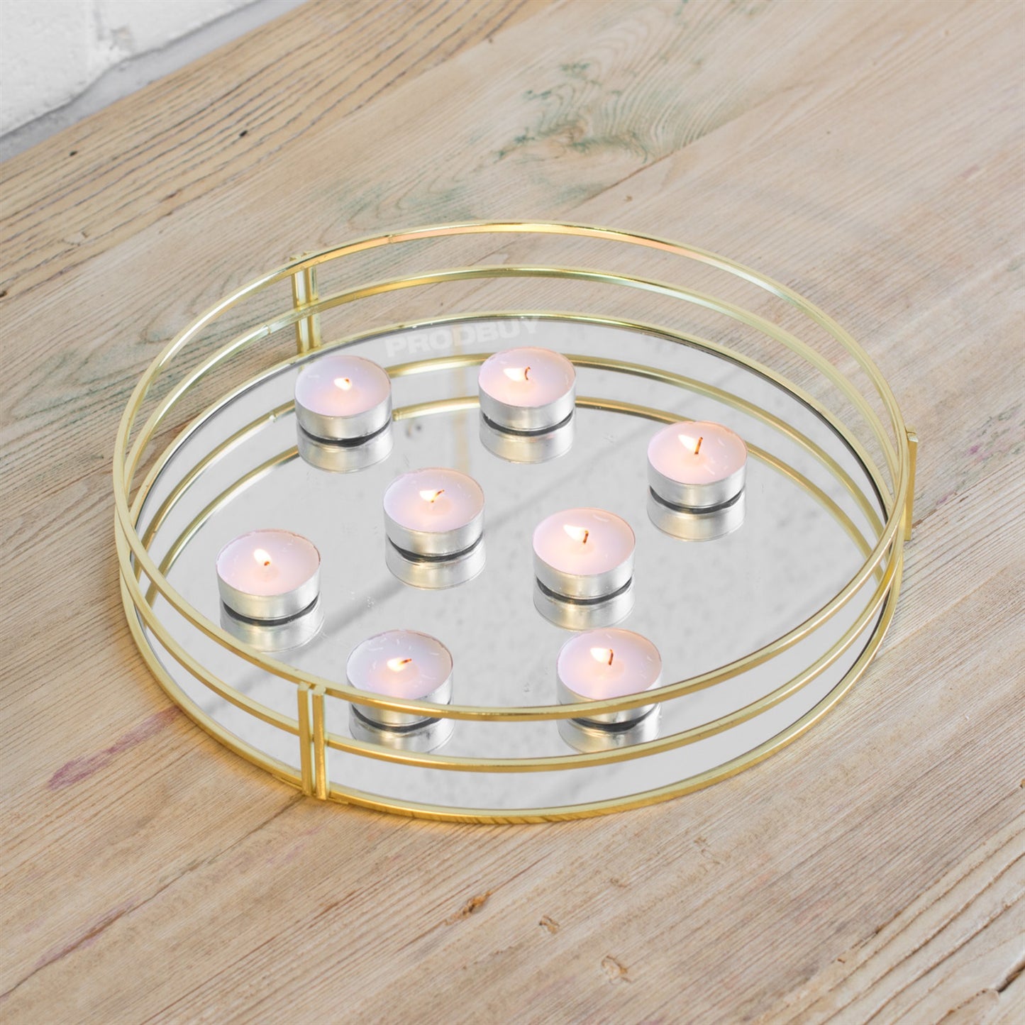 Gold Frame Round Mirror Glass Candle Plate Tray Holder Wedding Table Decoration