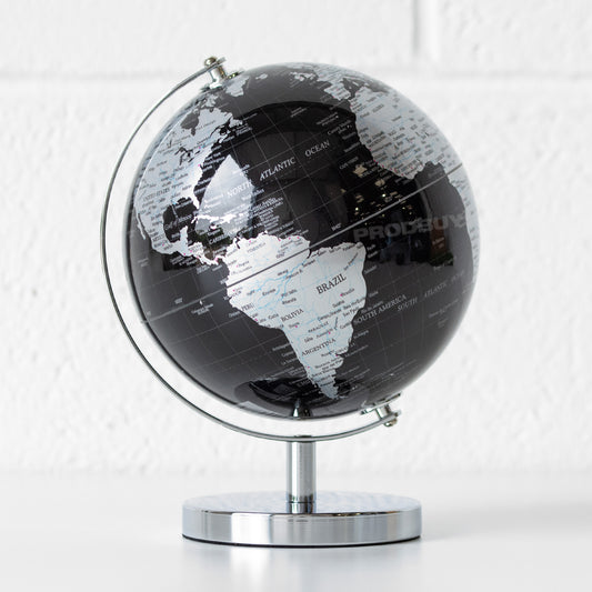Black & Silver World Map Globe Ornament 18.5cm