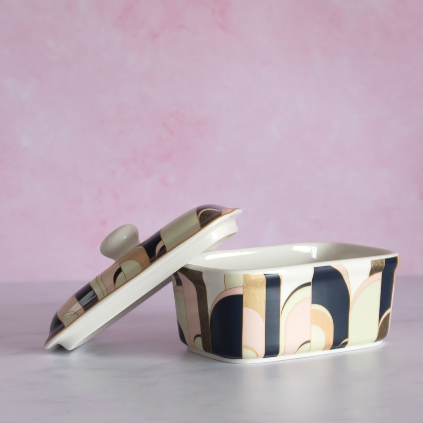 Art Deco Pattern Fine China Butter Dish with Lid