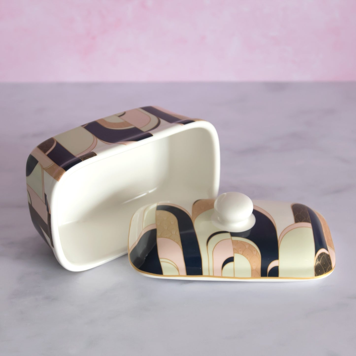 Art Deco Pattern Fine China Butter Dish with Lid