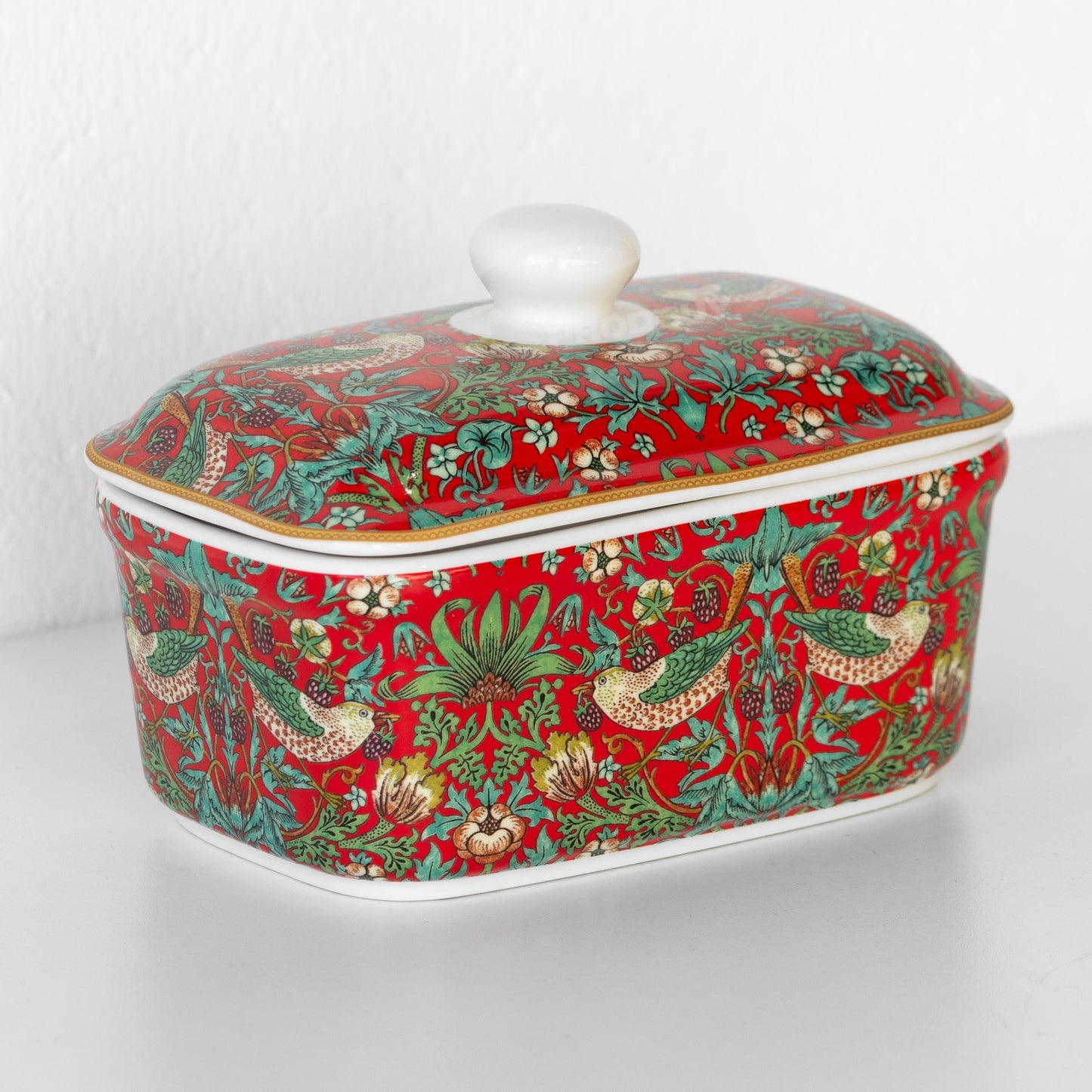 Red 'Strawberry Thief' Ceramic Butter Dish with Lid
