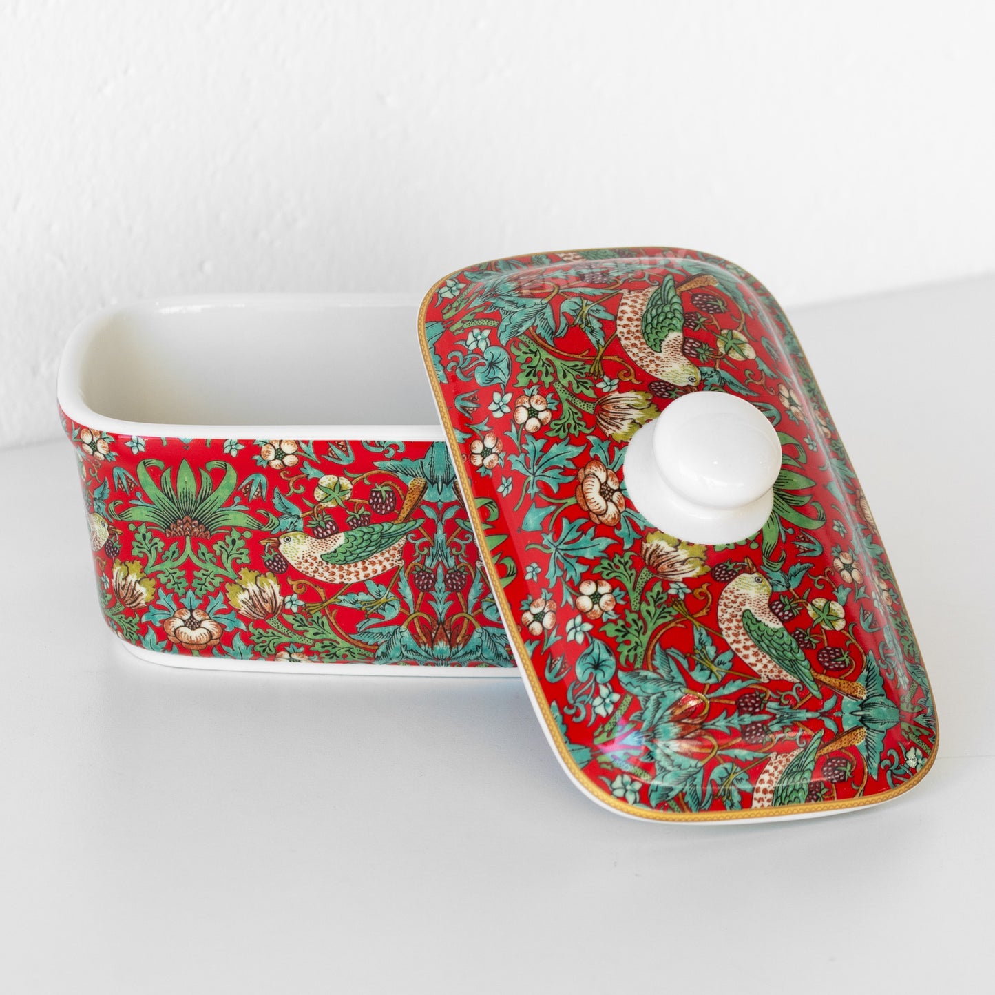 Red 'Strawberry Thief' Ceramic Butter Dish with Lid