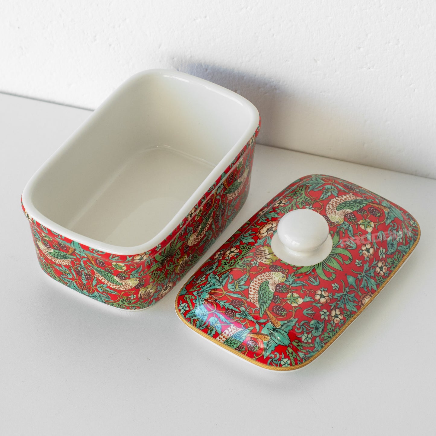 Red 'Strawberry Thief' Ceramic Butter Dish with Lid