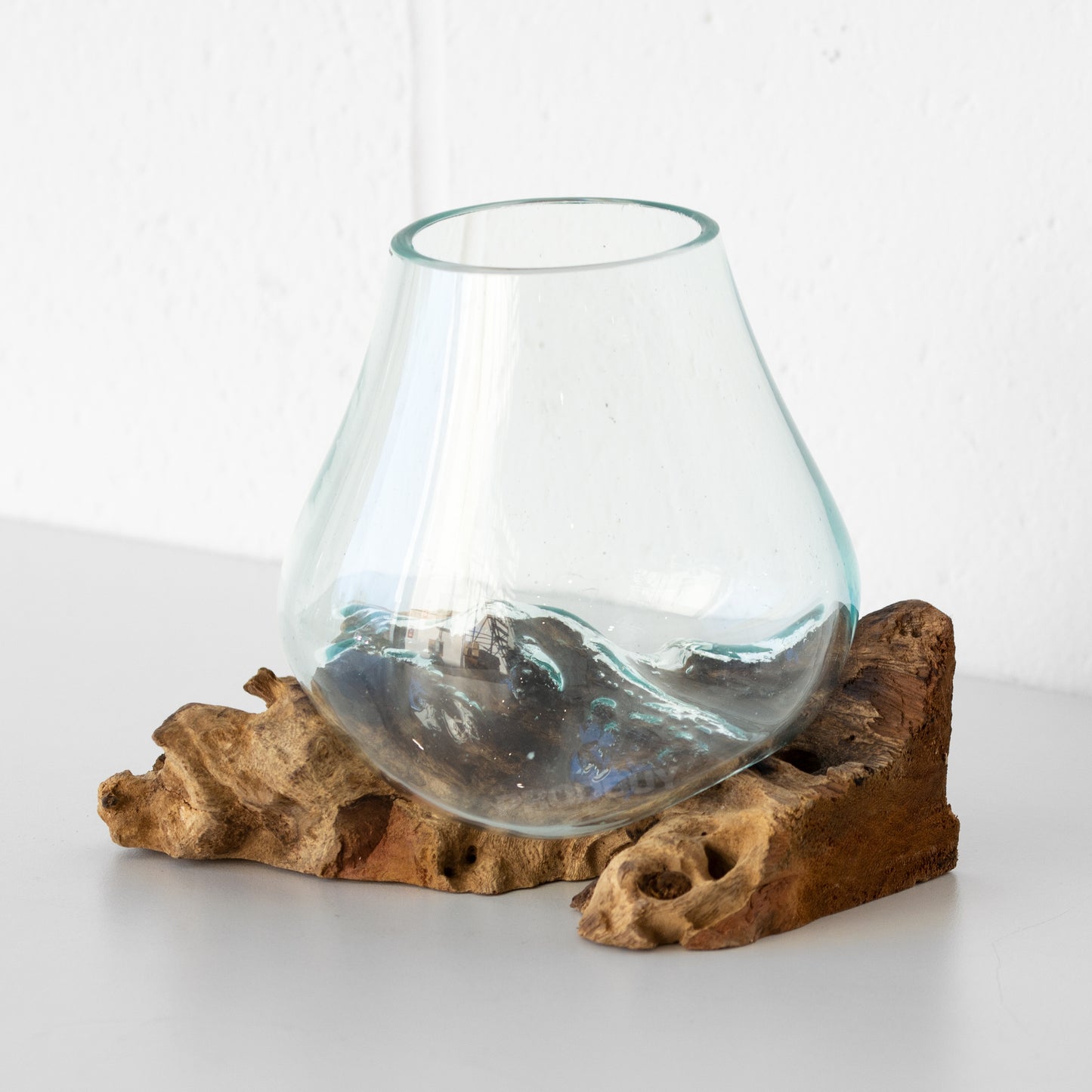 Molten 13cm Glass Bowl on Natural Rustic Teak Root Wood Stand