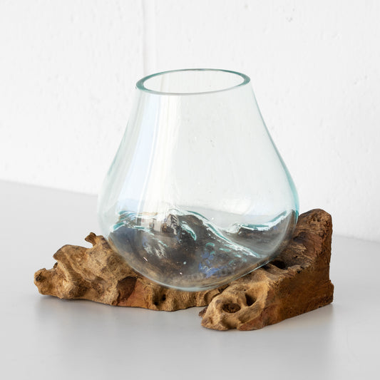 Molten 13cm Glass Bowl on Natural Rustic Teak Root Wood Stand