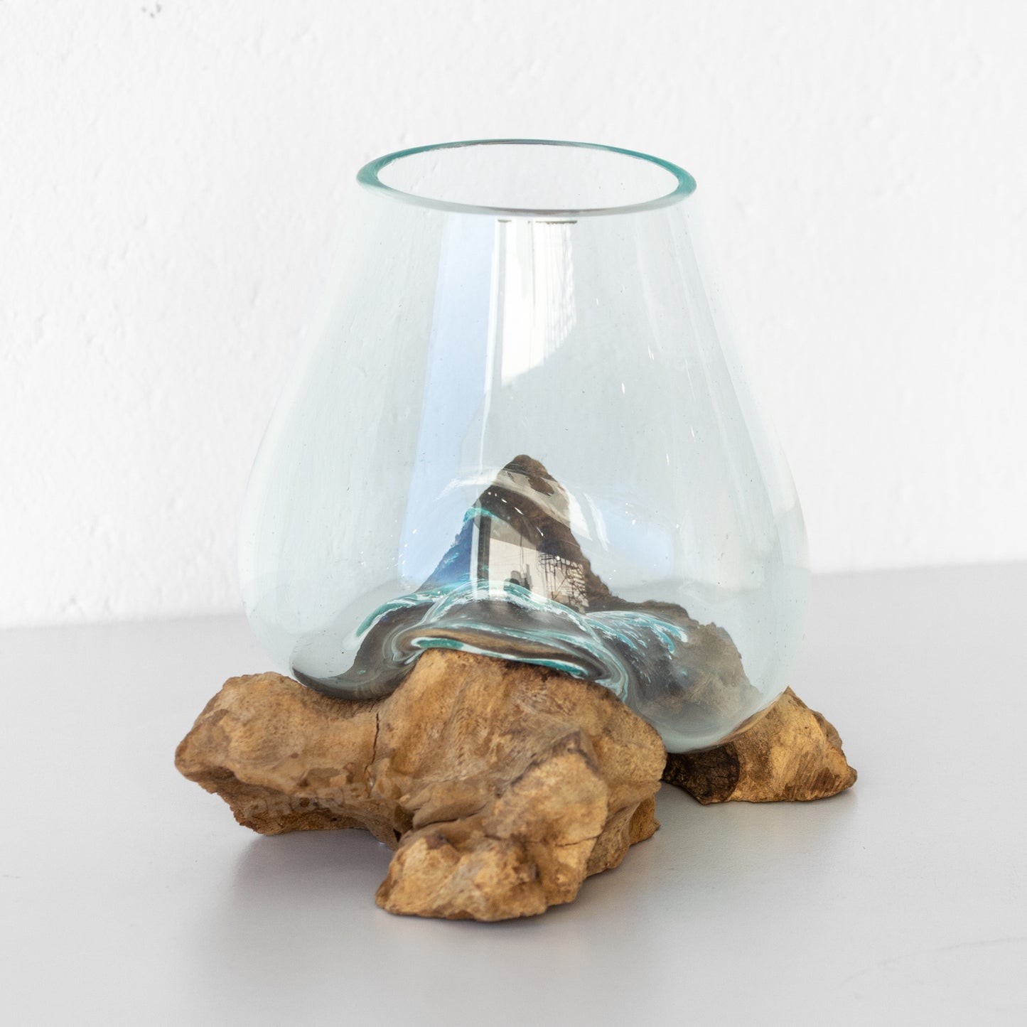 Molten 13cm Glass Bowl on Natural Rustic Teak Root Wood Stand
