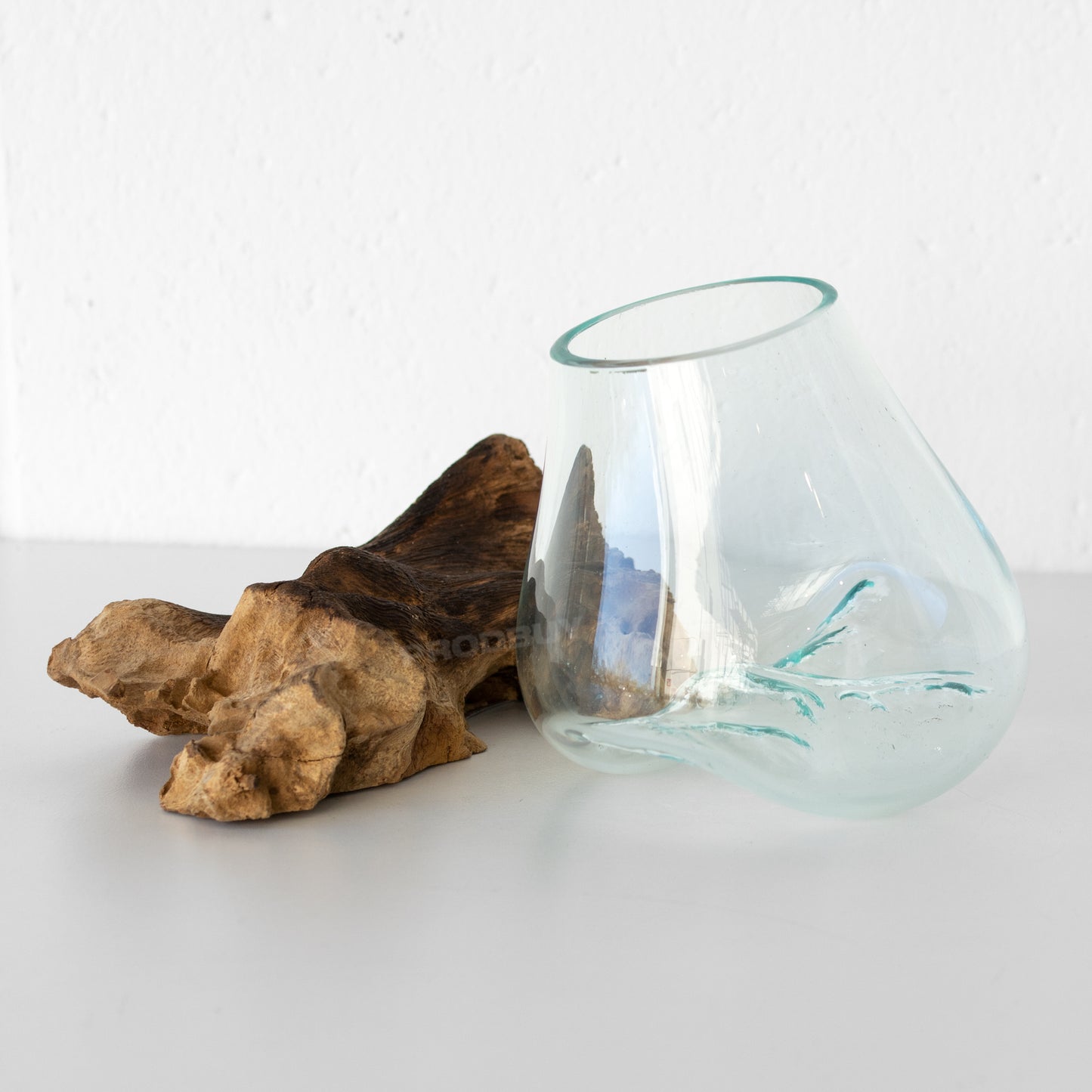 Molten 13cm Glass Bowl on Natural Rustic Teak Root Wood Stand