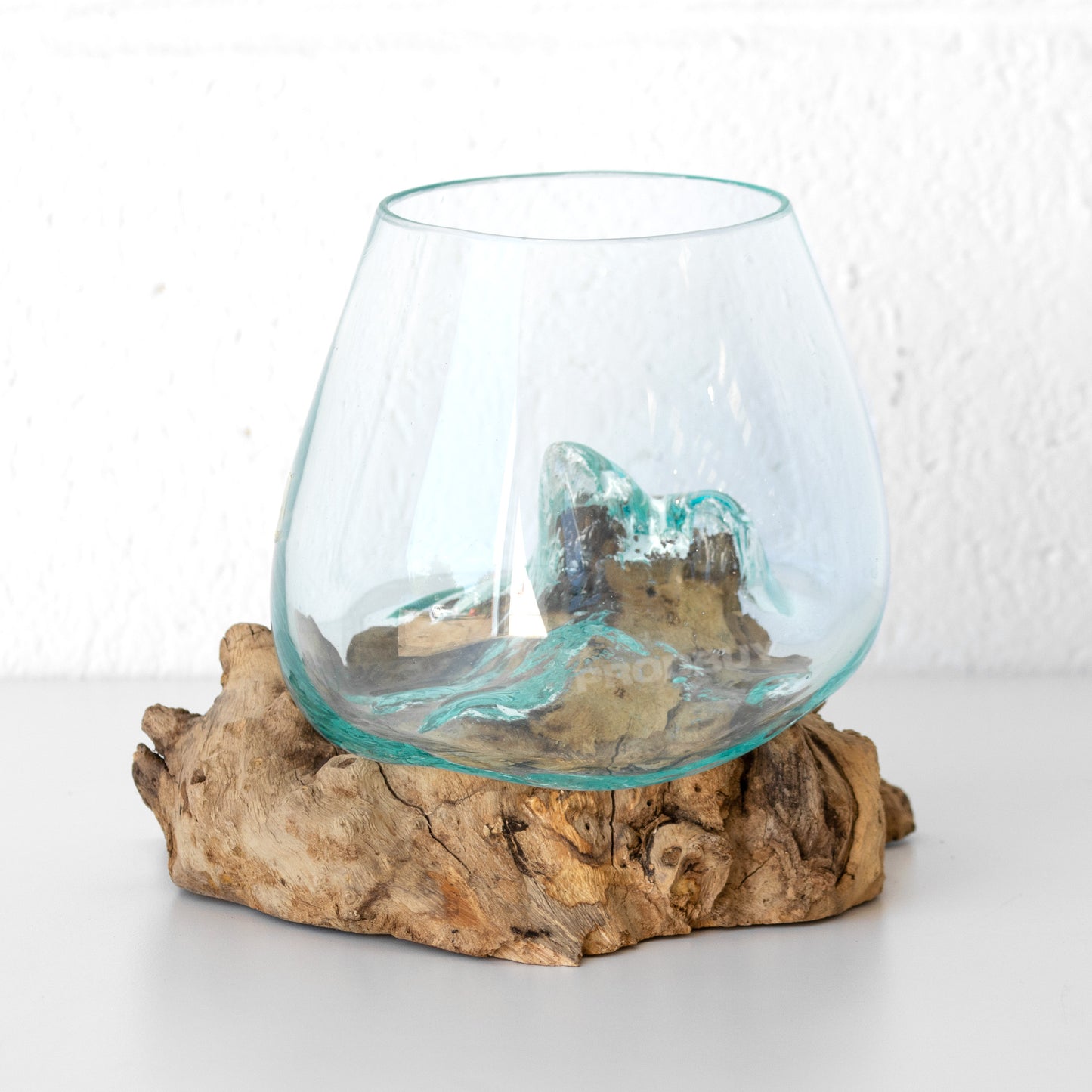 Molten 20cm Glass Bowl on Natural Teak Root Wood Stand