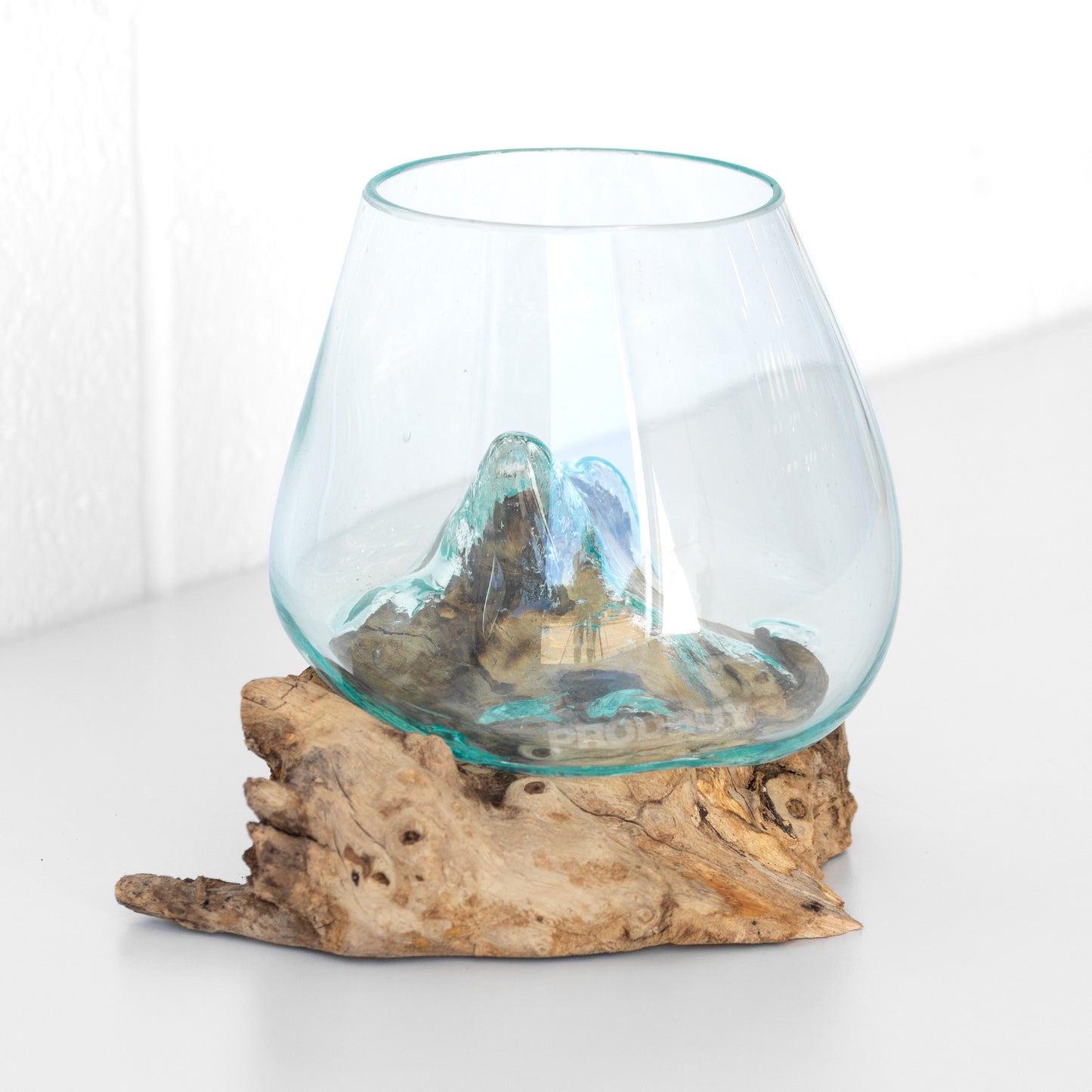 Molten 20cm Glass Bowl on Natural Teak Root Wood Stand