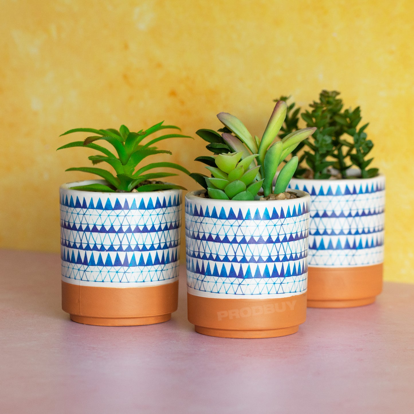 Set of 3 Blue & White Artificial Succulent Plant Pots