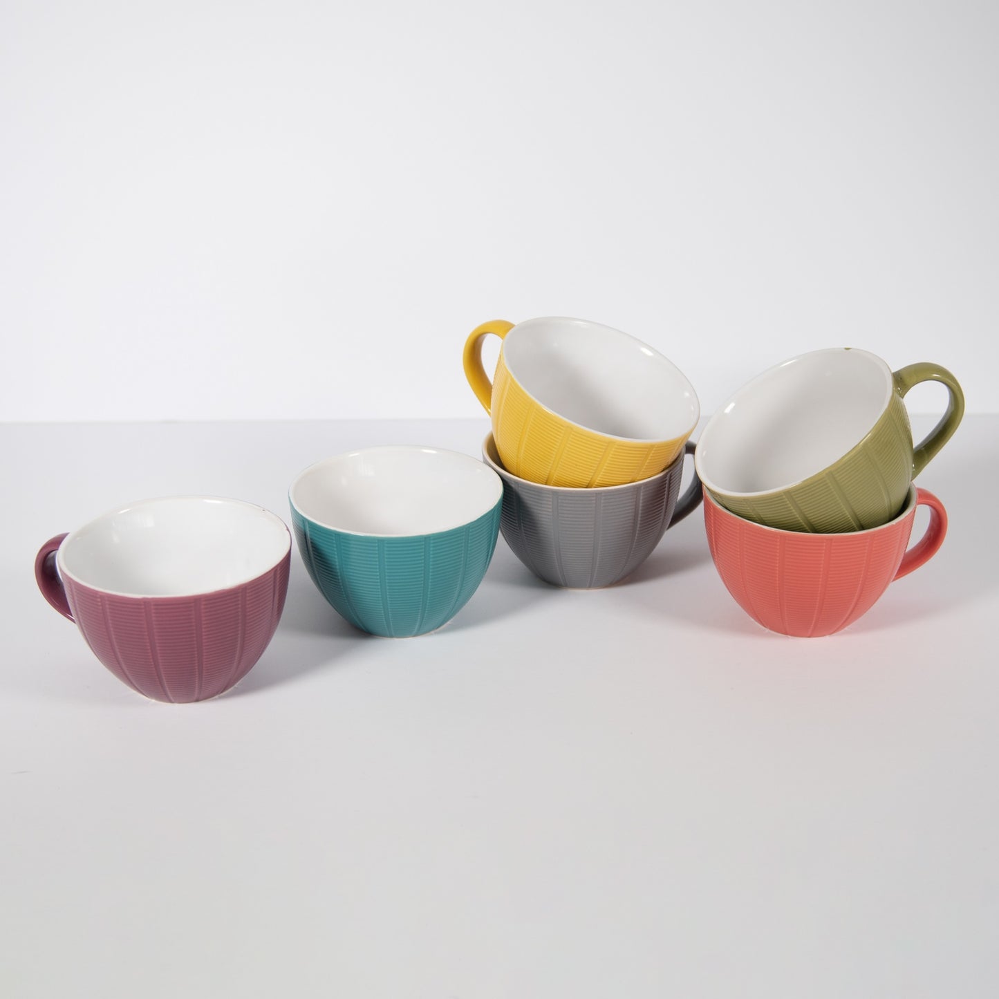 6 Piece Set of Large Ceramic Teacups - Six Assorted Colours