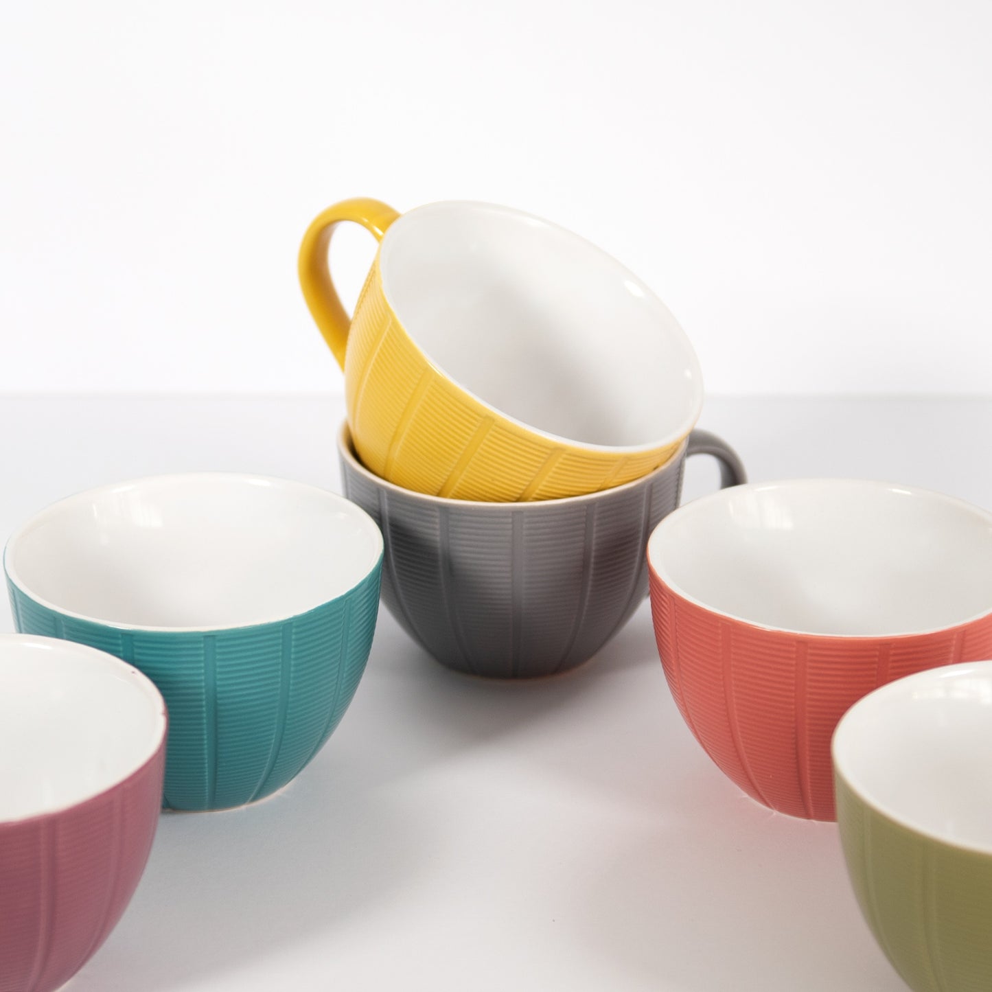 6 Piece Set of Large Ceramic Teacups - Six Assorted Colours