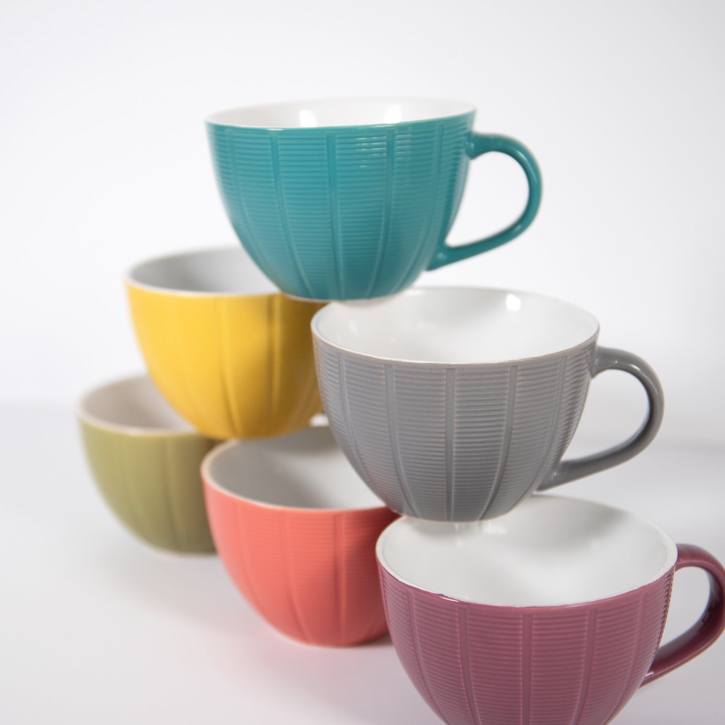 6 Piece Set of Large Ceramic Teacups - Six Assorted Colours