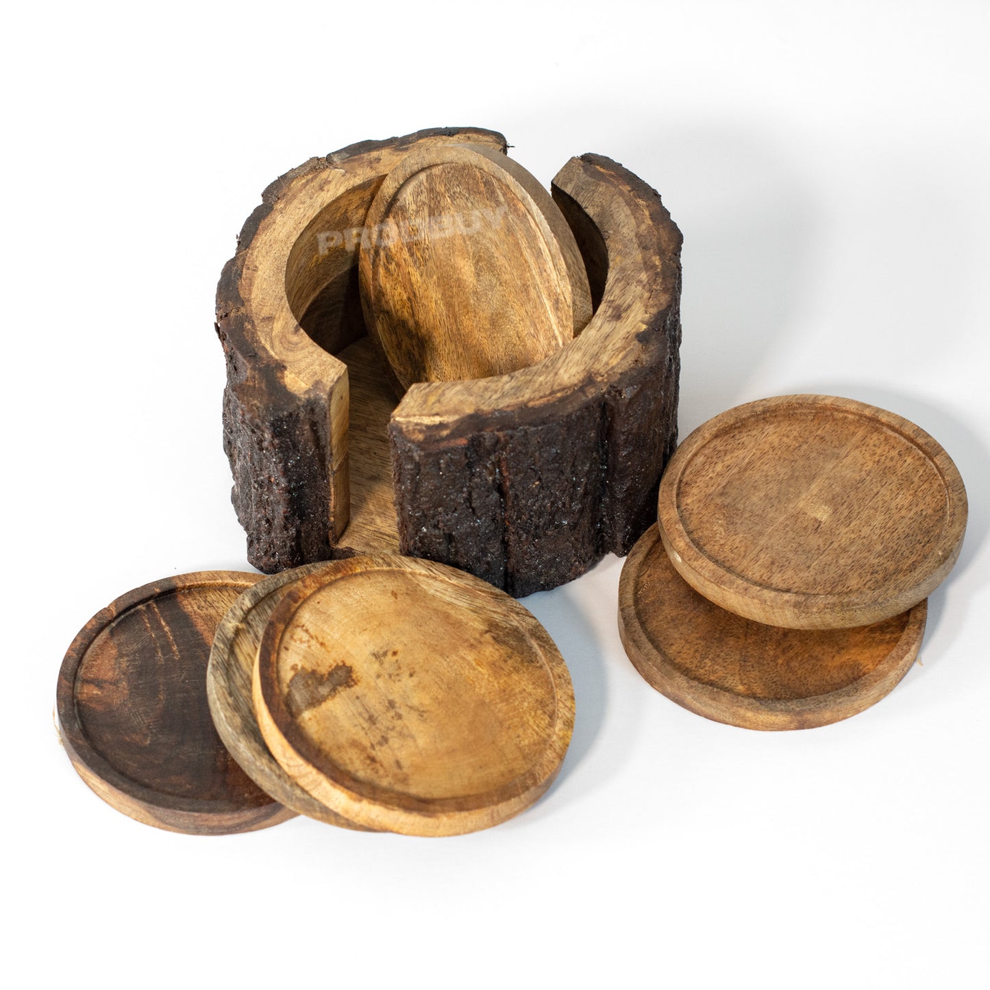 Set of 6 Round Mango Wood Coasters with Tree Bark Storage Holder