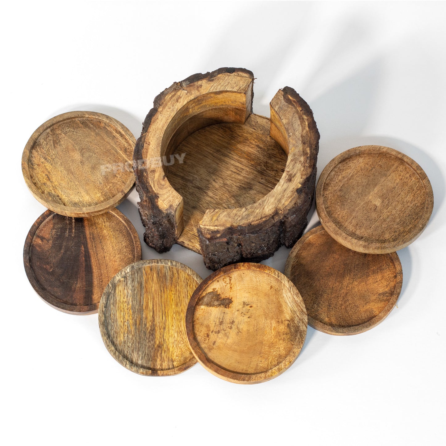 Set of 6 Round Mango Wood Coasters with Tree Bark Storage Holder