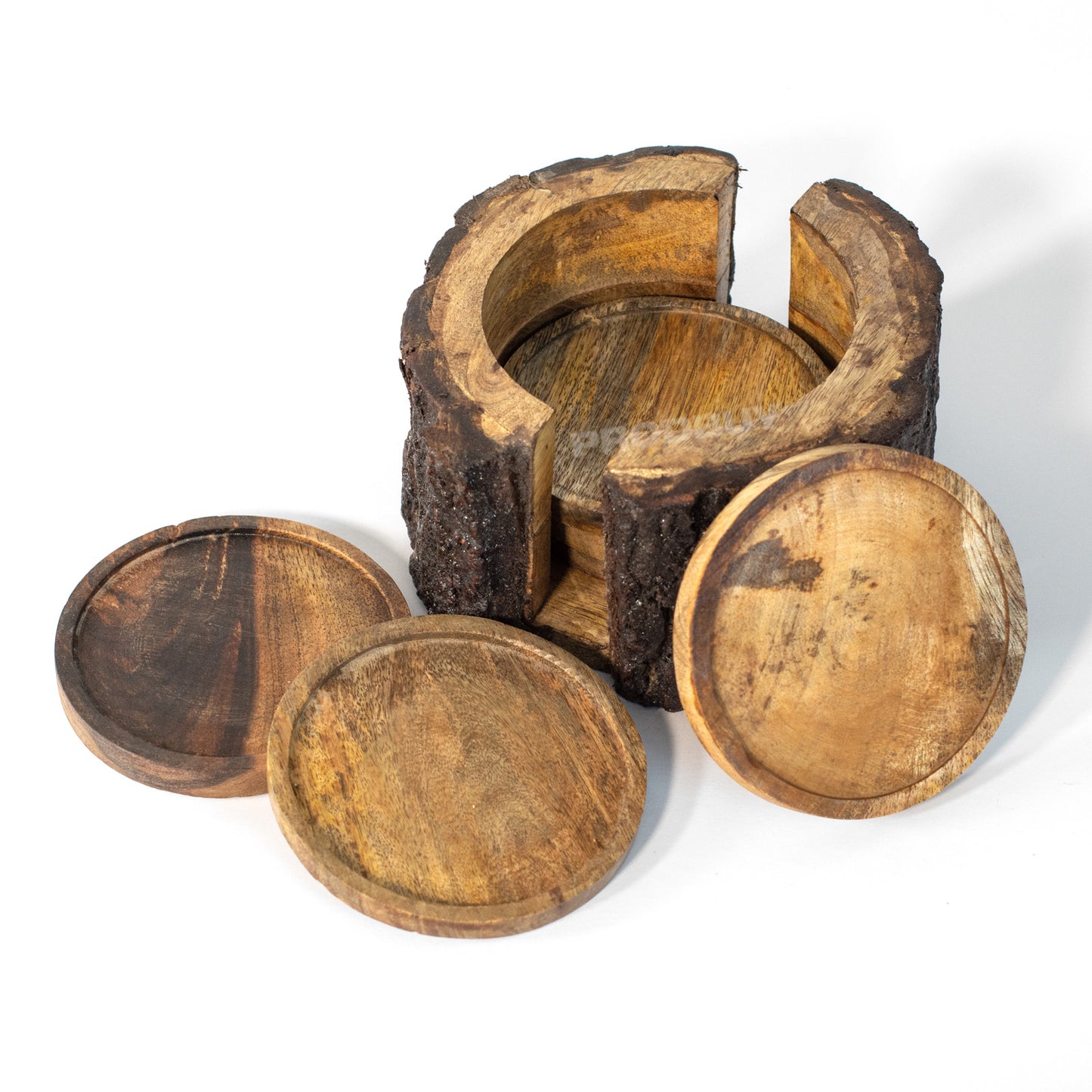 Set of 6 Round Mango Wood Coasters with Tree Bark Storage Holder