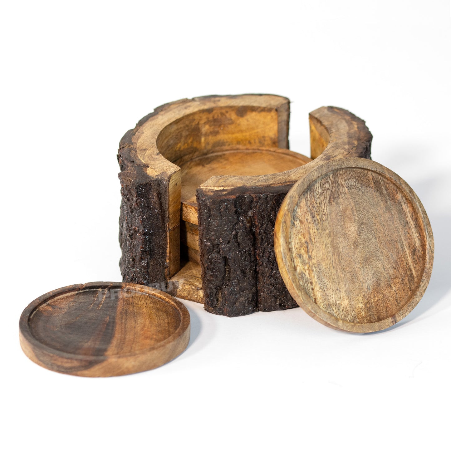 Set of 6 Round Mango Wood Coasters with Tree Bark Storage Holder
