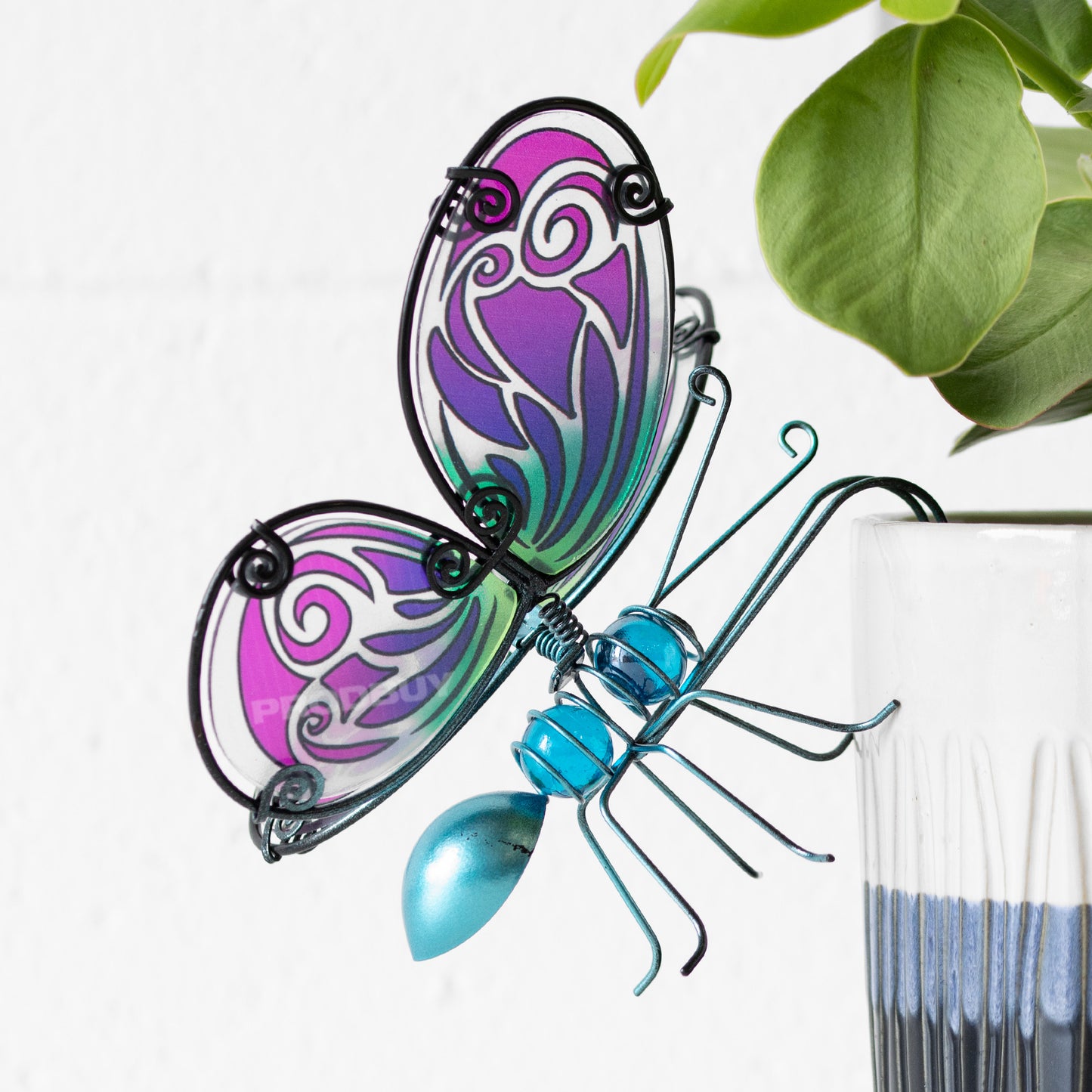 Butterfly Stained Glass & Blue Metal Plant Pot Hanger