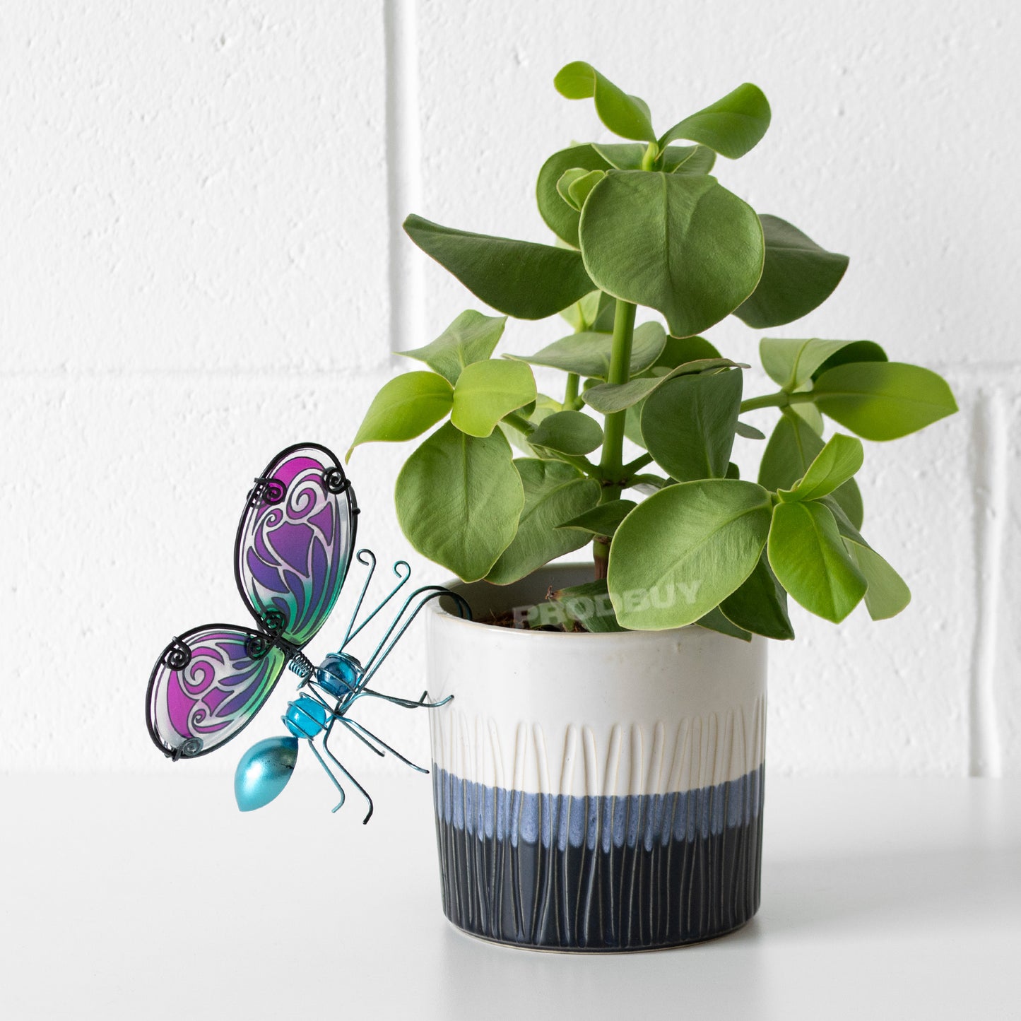 Butterfly Stained Glass & Blue Metal Plant Pot Hanger