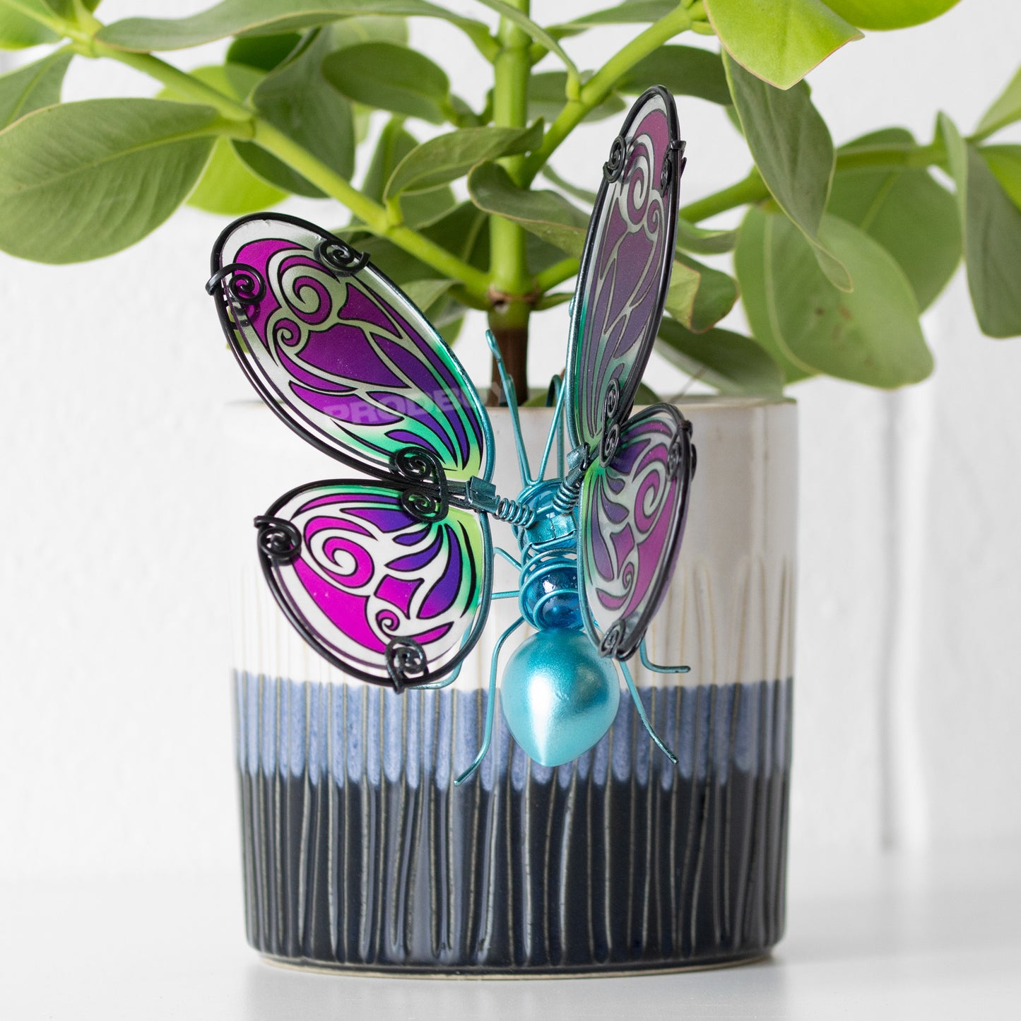 Butterfly Stained Glass & Blue Metal Plant Pot Hanger