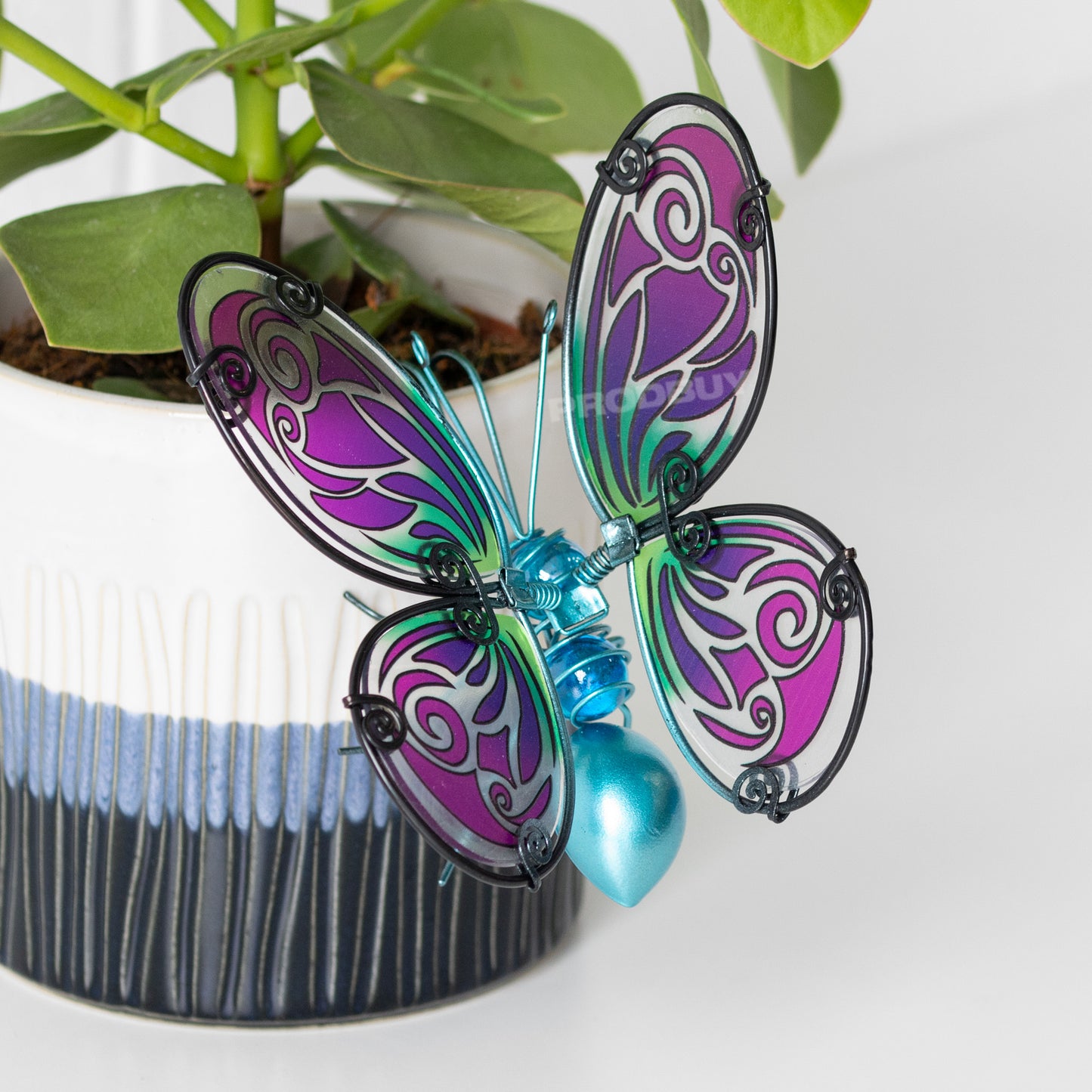Butterfly Stained Glass & Blue Metal Plant Pot Hanger