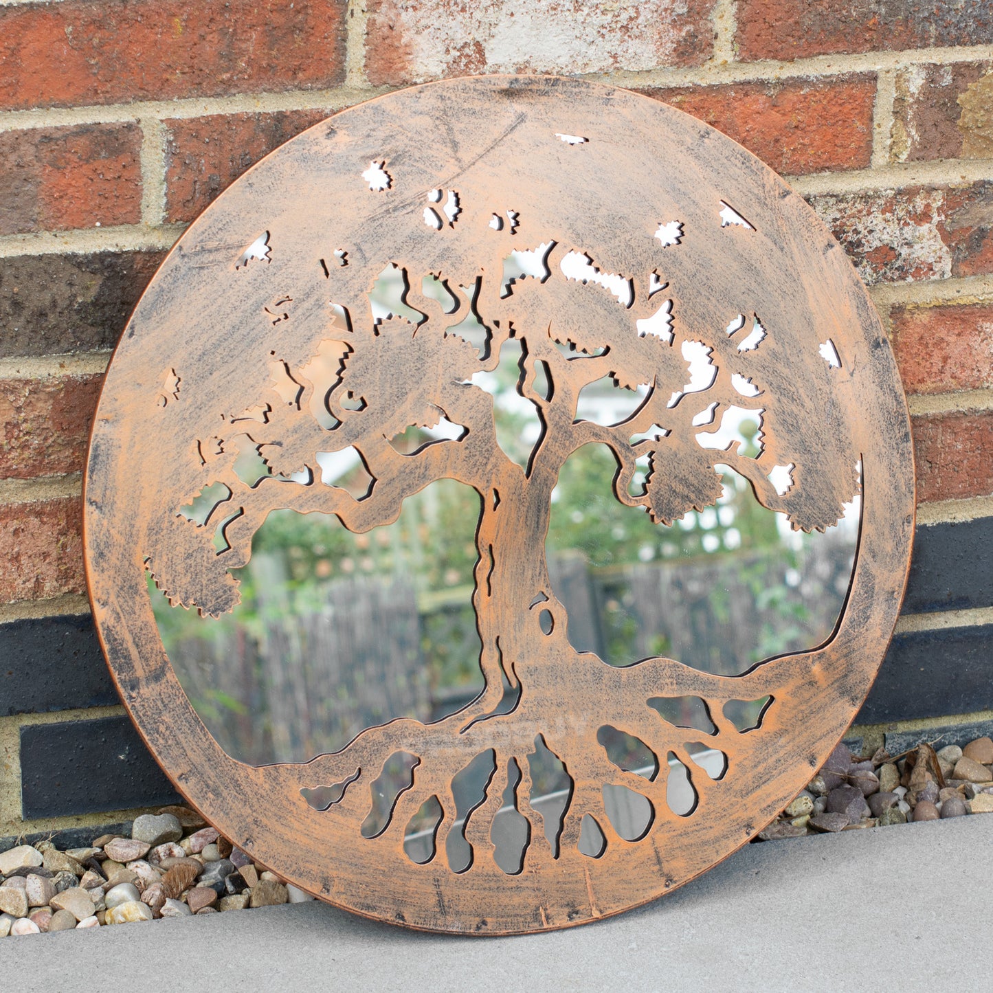 Tree of Life Silhouette Garden Mirror 50cm Large Round Bronze