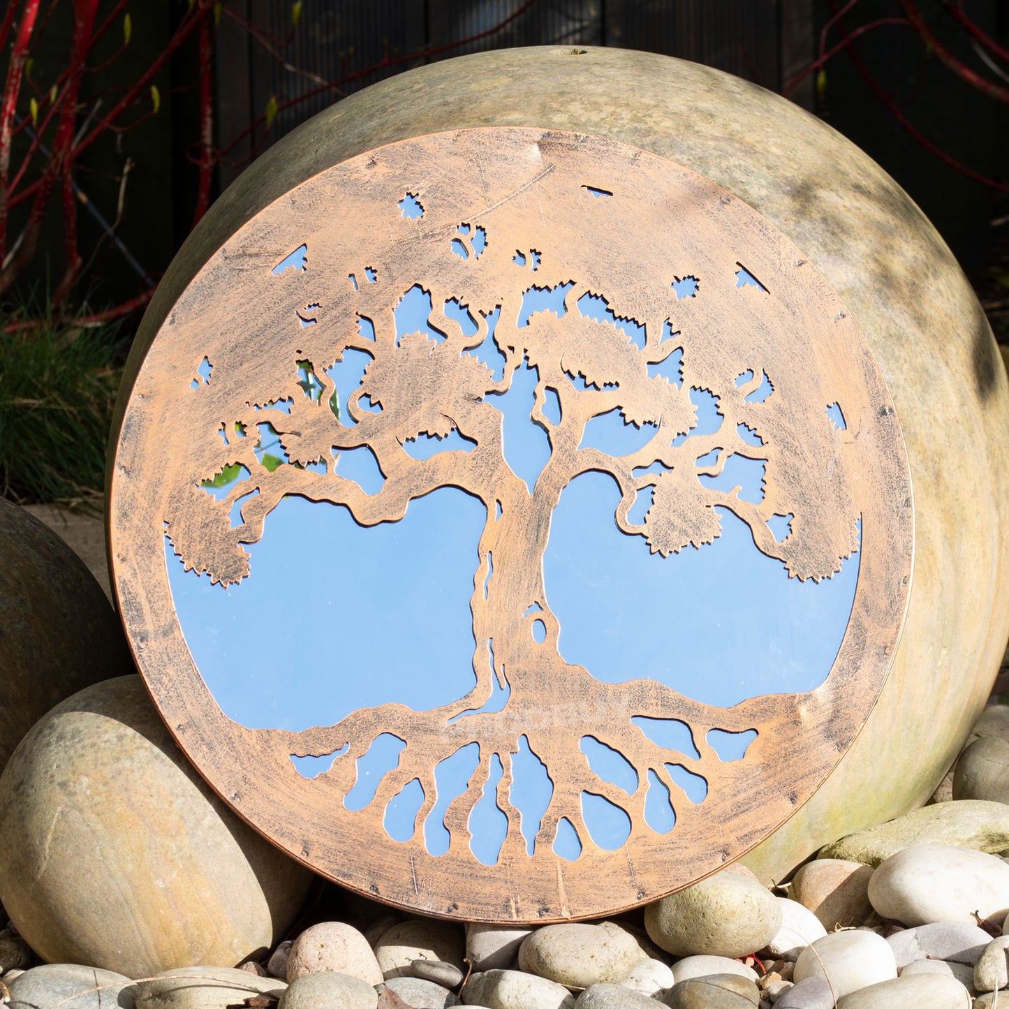 Tree of Life Silhouette Garden Mirror 50cm Large Round Bronze