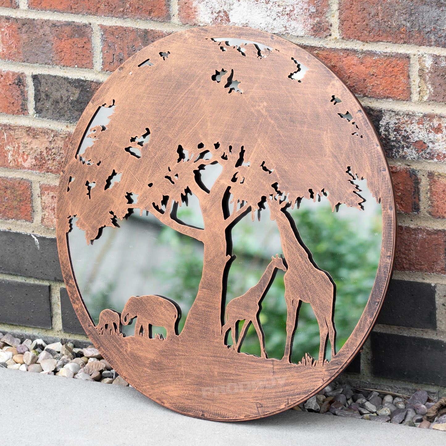 Safari Animals Silhouette Garden Mirror 50cm Large Round Bronze