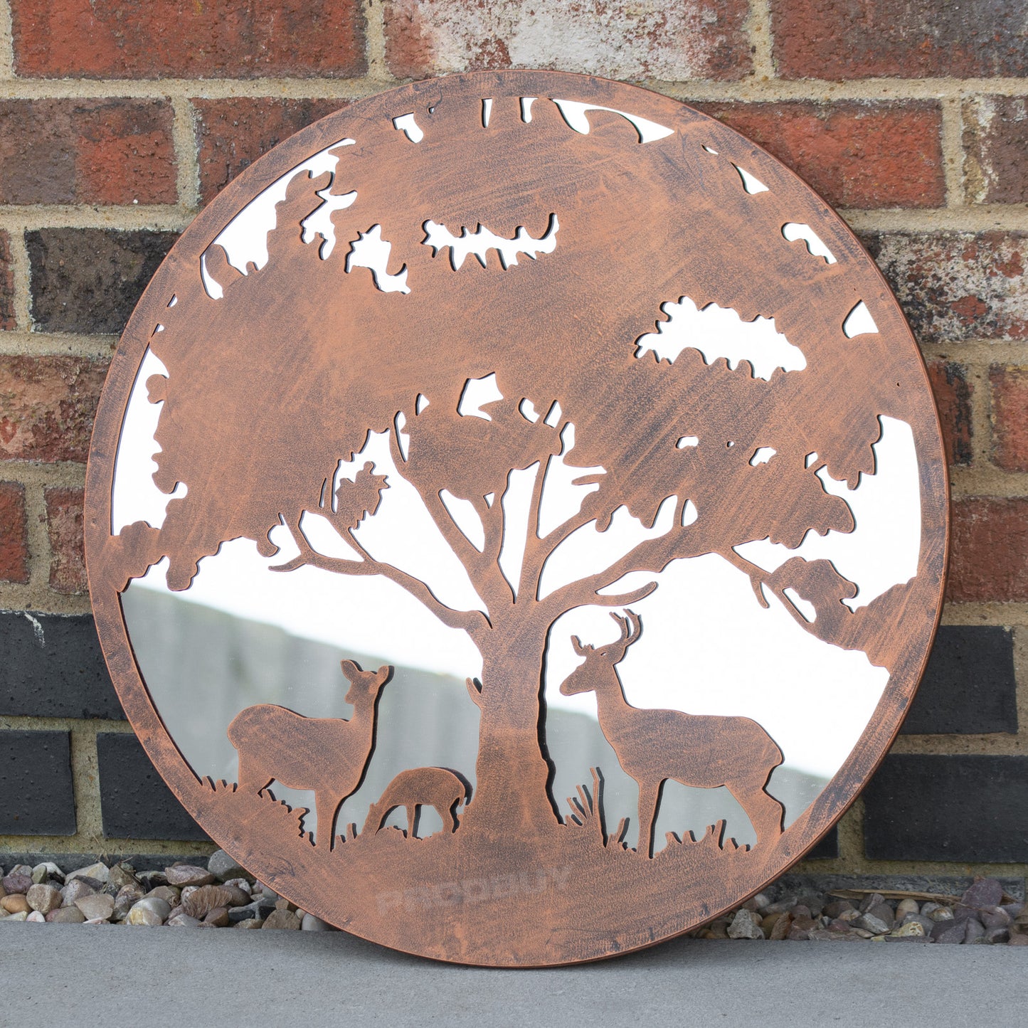 Deer Family Silhouette Garden Mirror 50cm Large Round Bronze