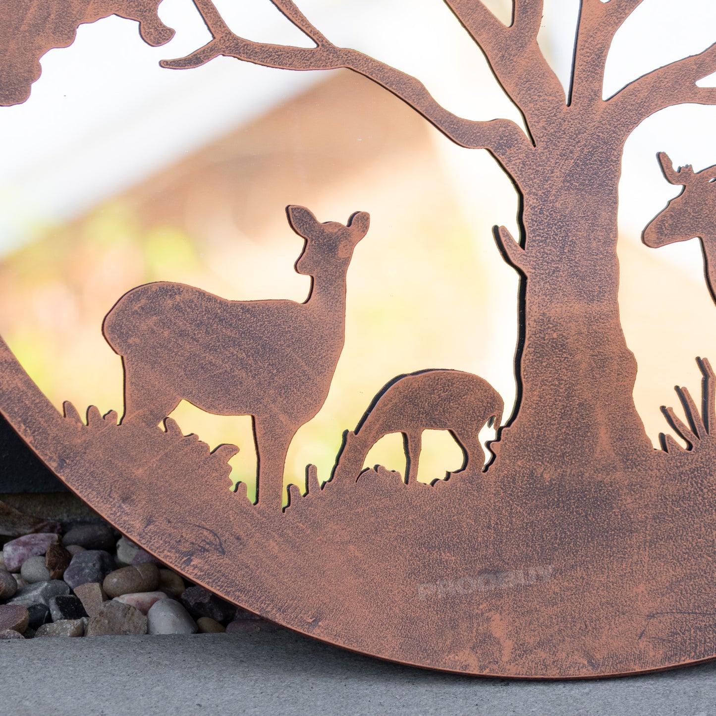 Deer Family Silhouette Garden Mirror 50cm Large Round Bronze