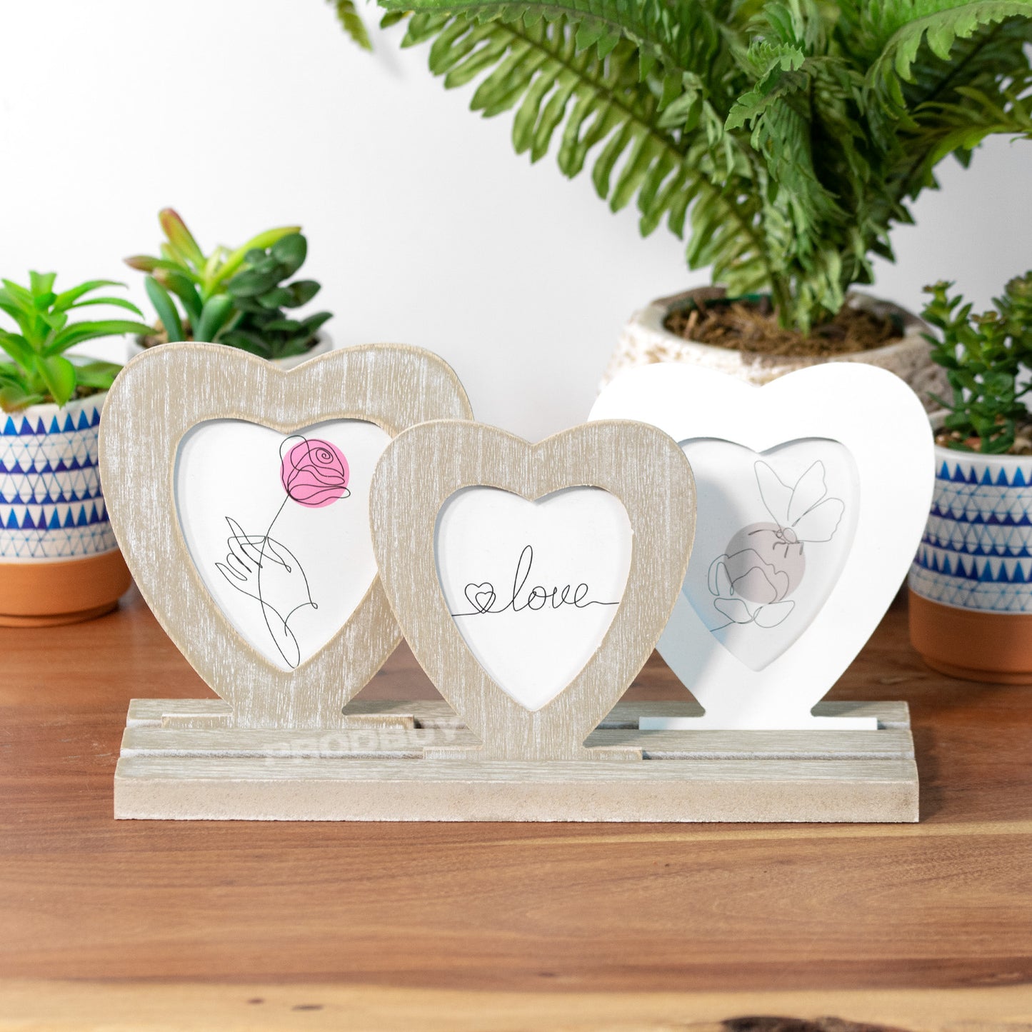 Triple Heart Standing Photo Wooden Multi Picture Frame