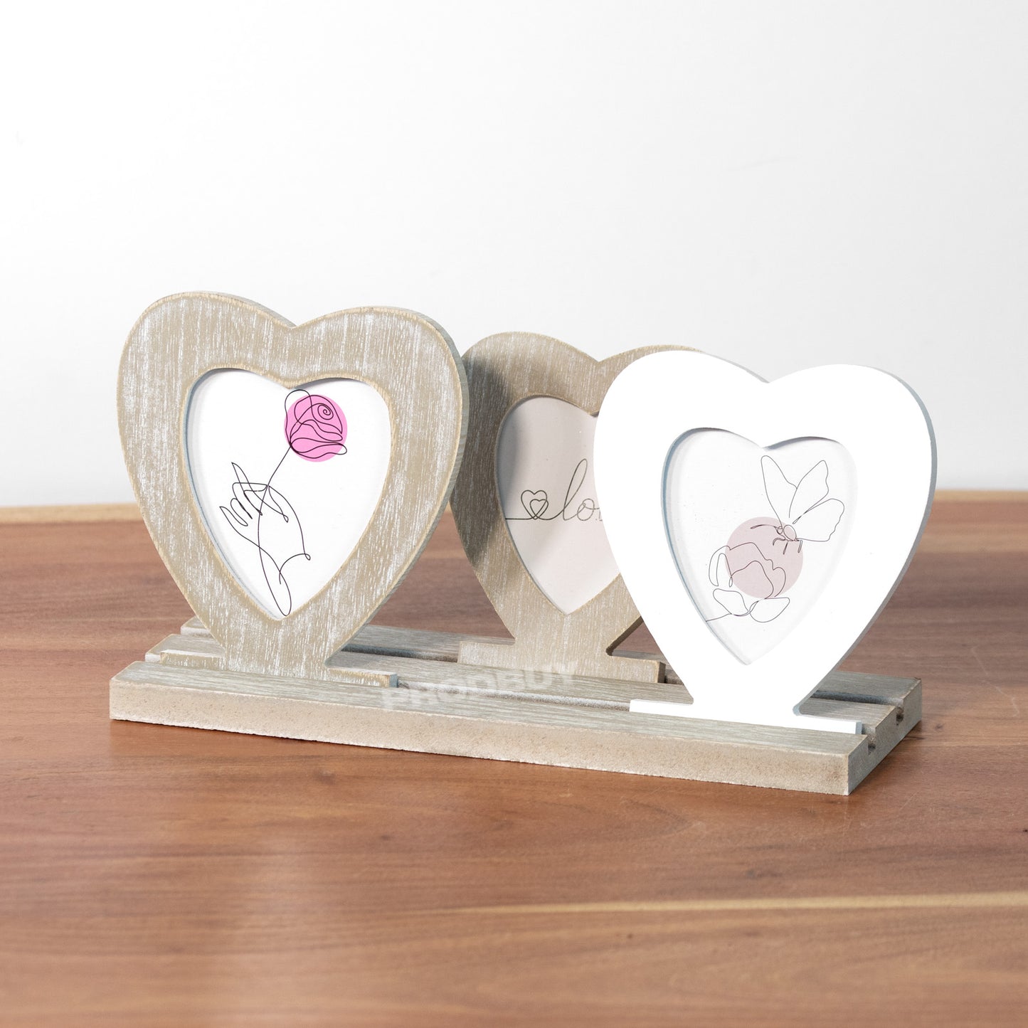 Triple Heart Standing Photo Wooden Multi Picture Frame