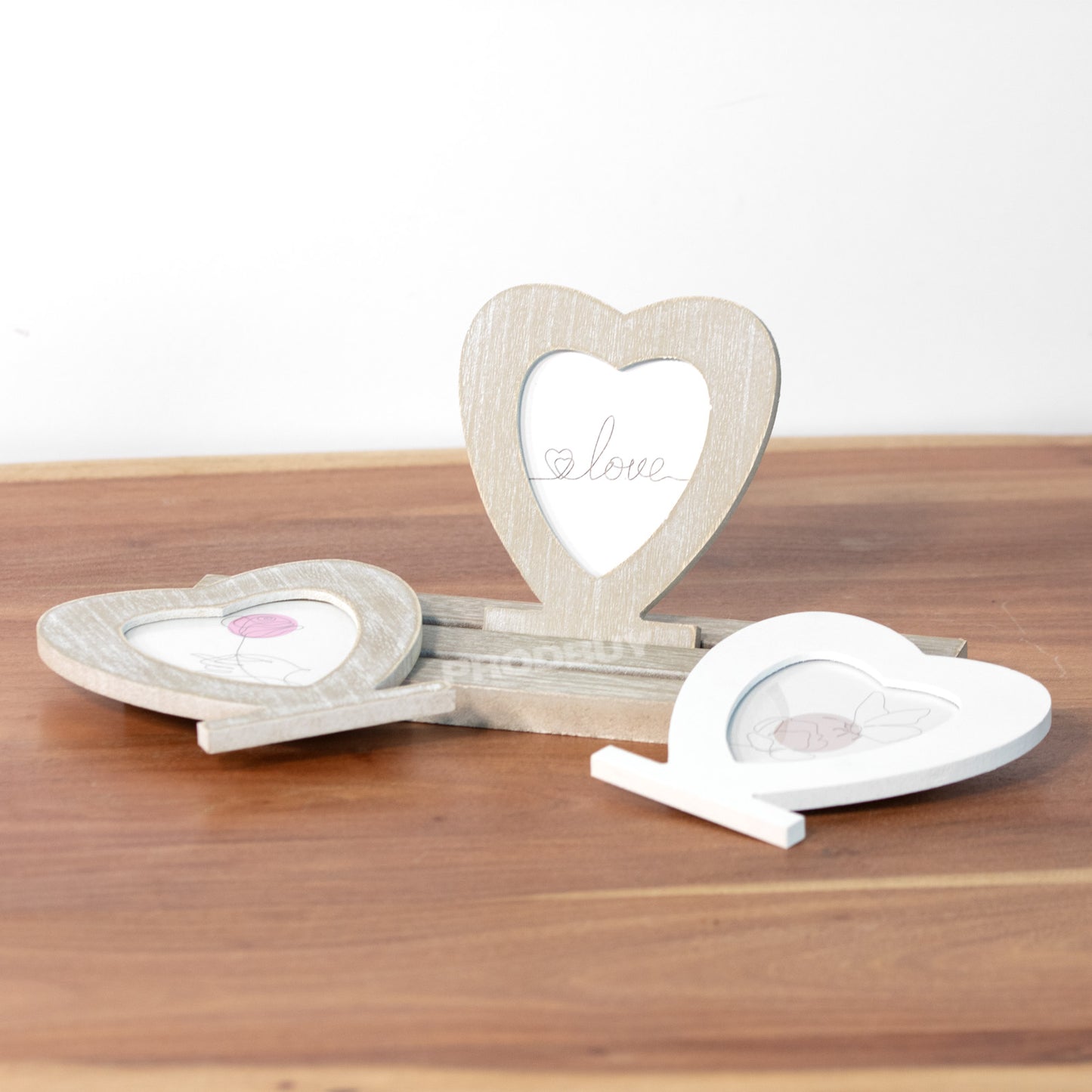 Triple Heart Standing Photo Wooden Multi Picture Frame