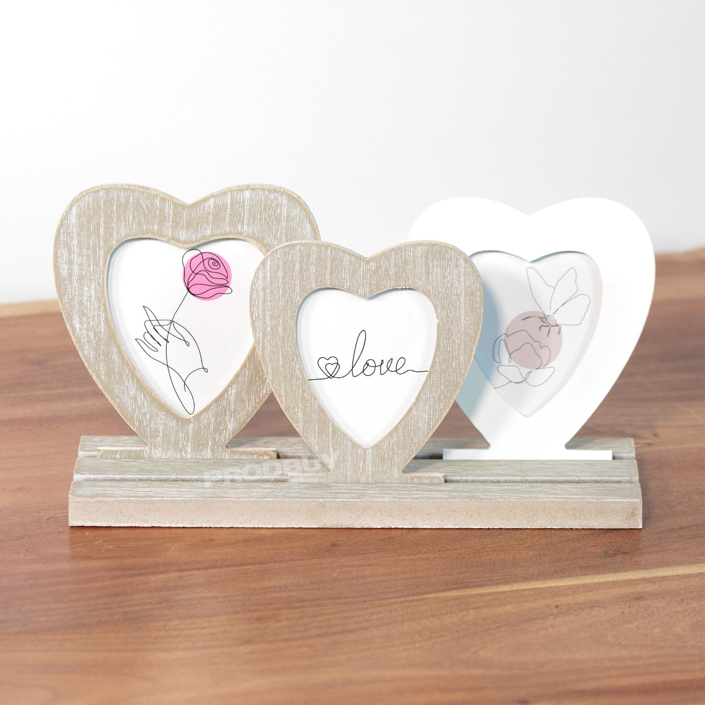 Triple Heart Standing Photo Wooden Multi Picture Frame