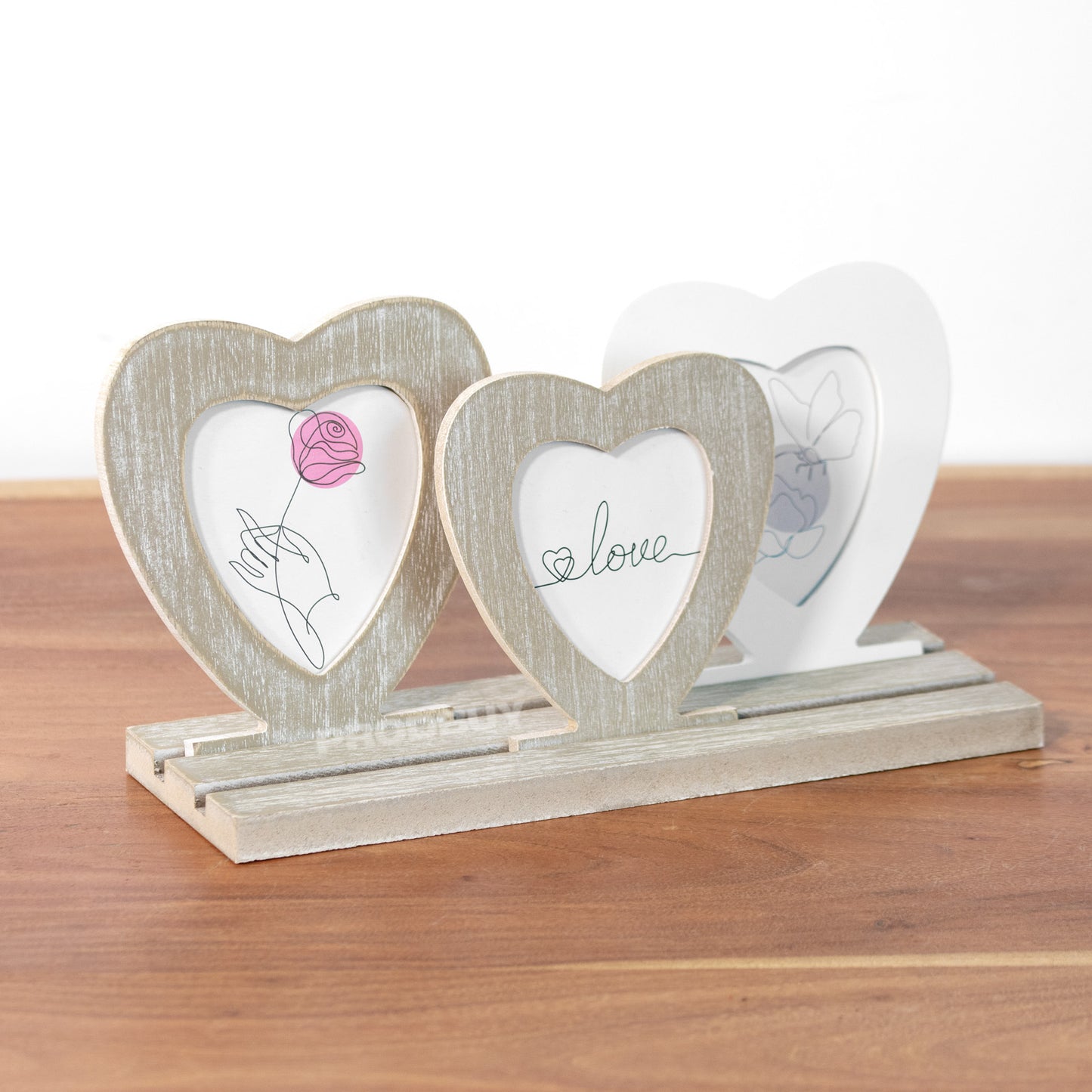 Triple Heart Standing Photo Wooden Multi Picture Frame