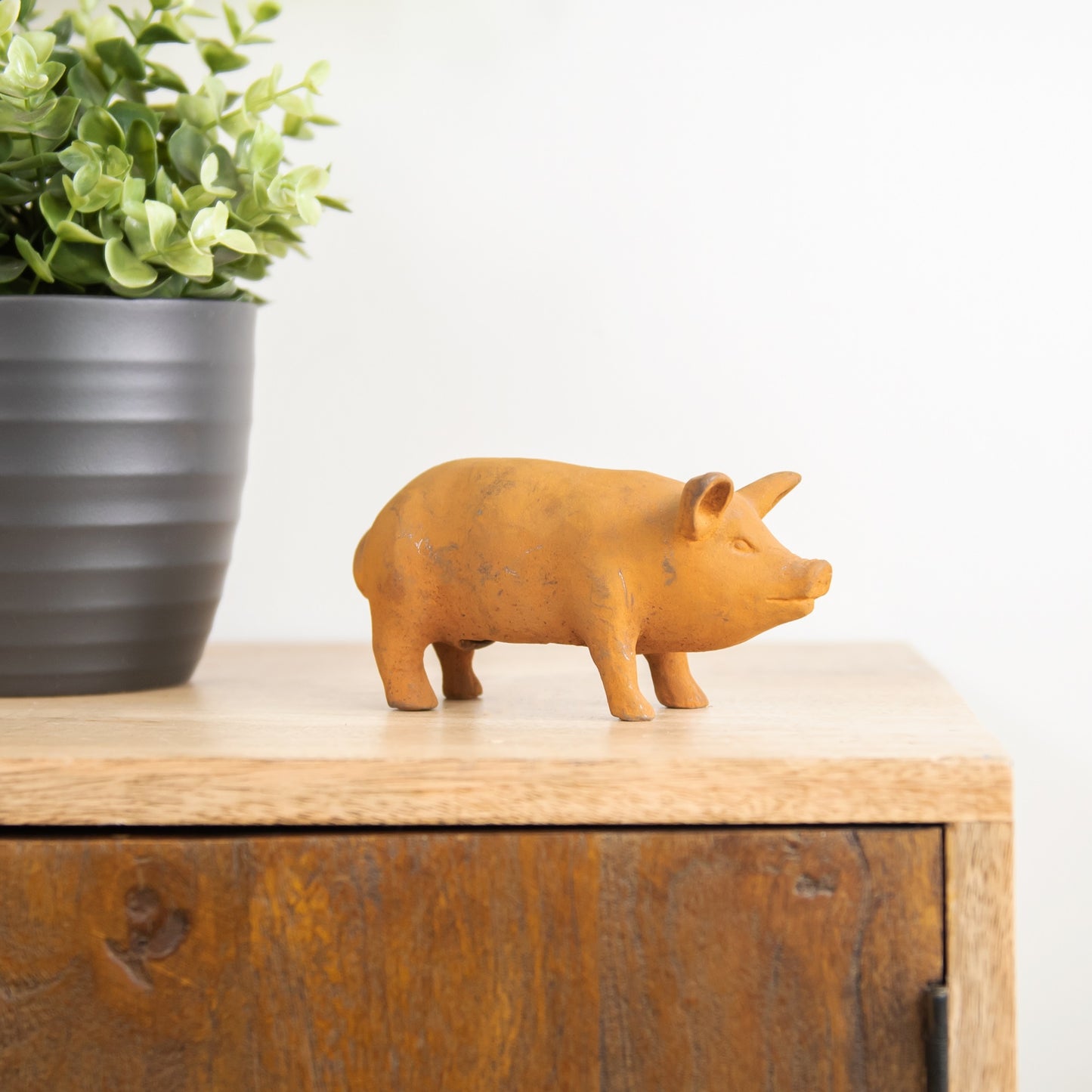 Cute Mini Pig Sculpture Rust Finish Small Shelf Sitting Ornament