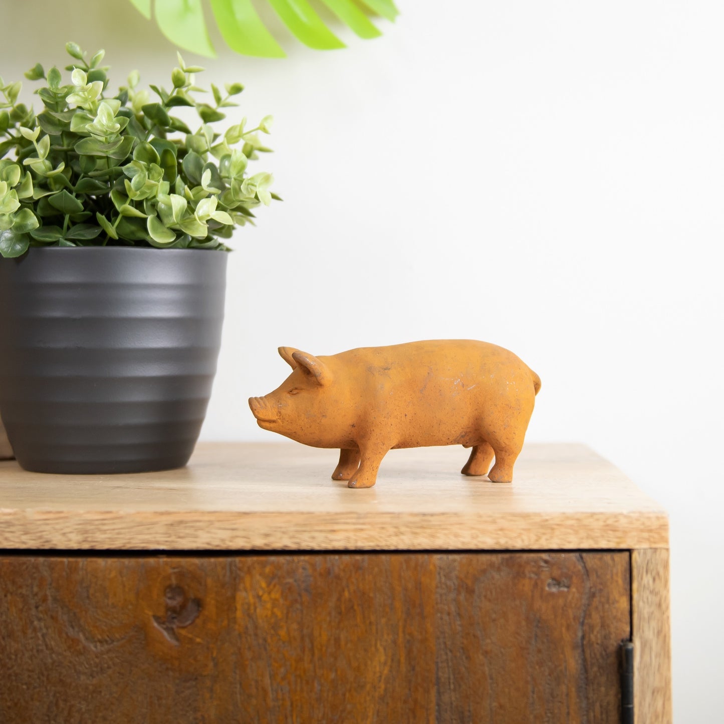 Cute Mini Pig Sculpture Rust Finish Small Shelf Sitting Ornament