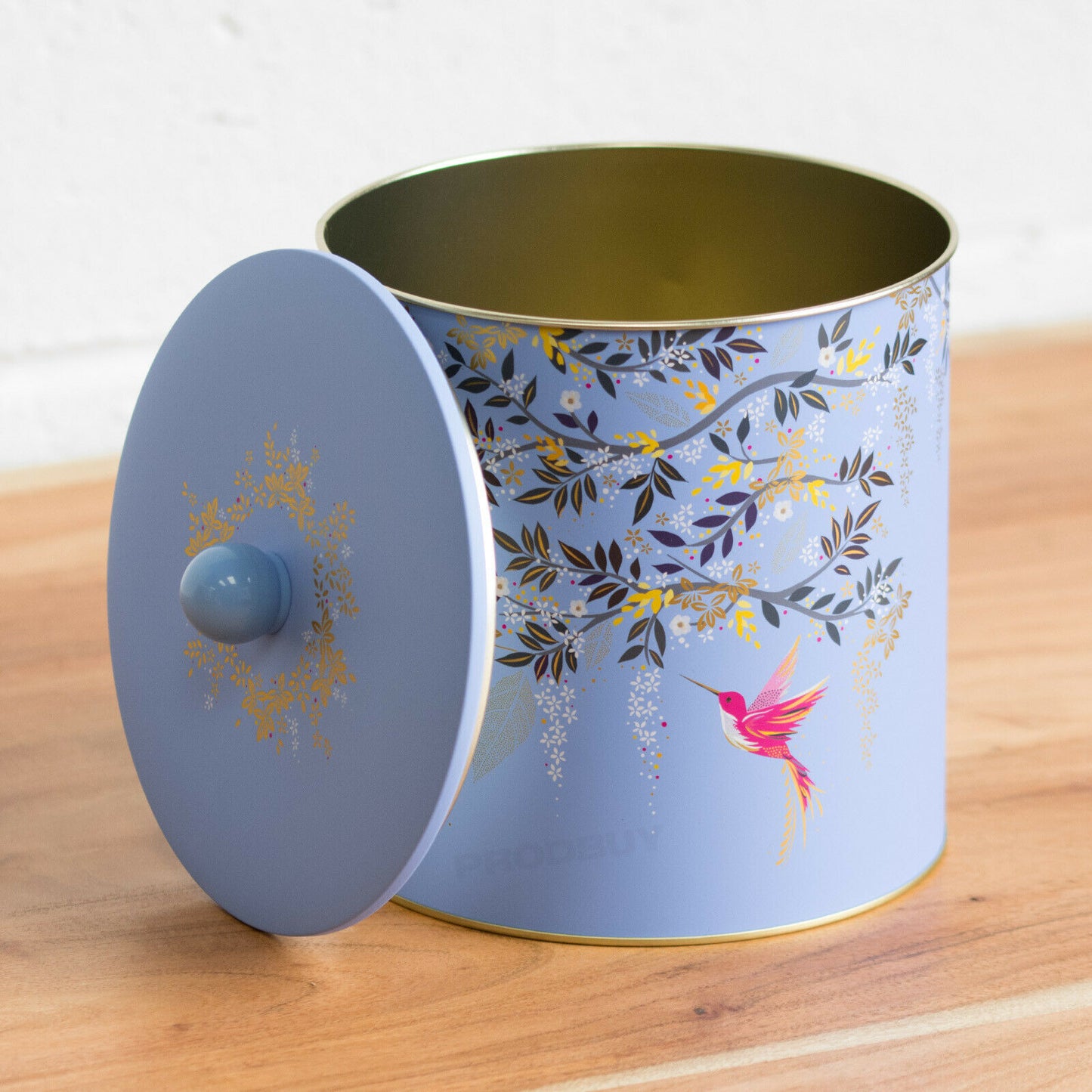 Blue Floral Bird Biscuit Barrel Cookie Container Tin